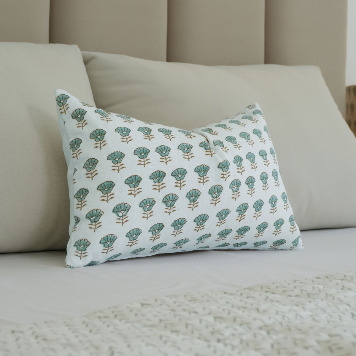 Block Print Kohinoor White Linen Decorative Lumbar Pillow Cover