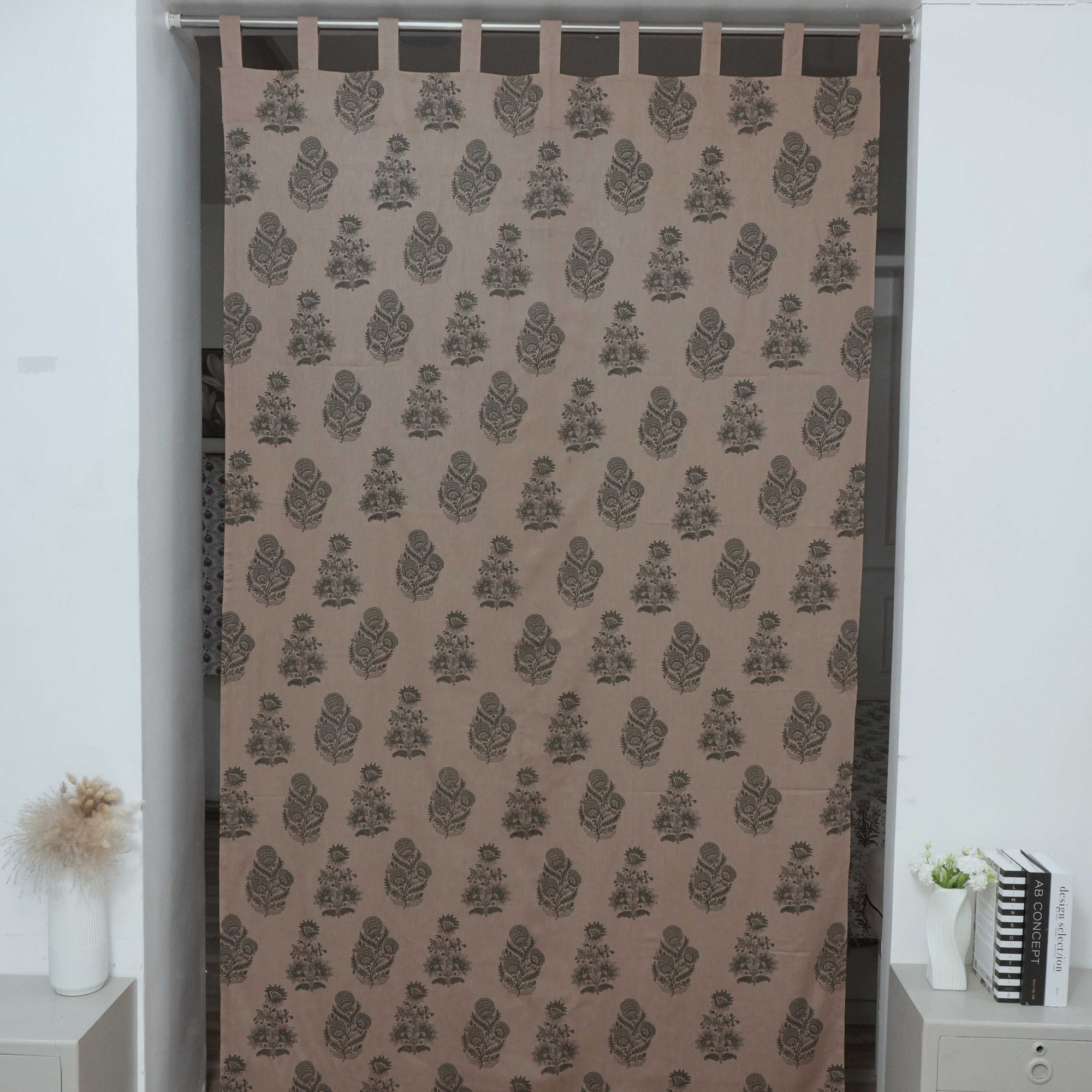 Mohini Gray Floral Hand Block Print Viscose Linen Tab Top Curtains