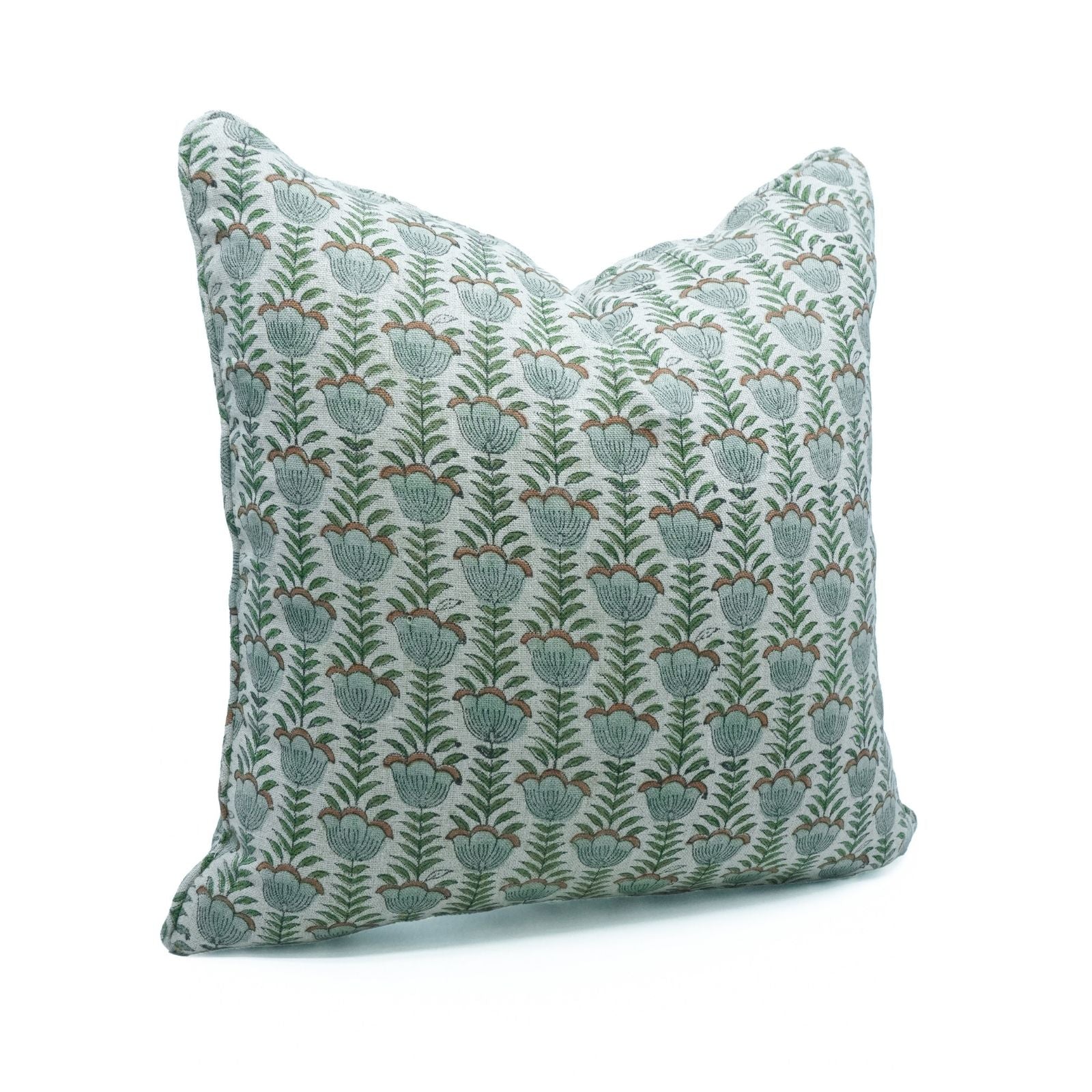 Gray Lotus Hand Block Print Thick Linen Piping Cushion Cover