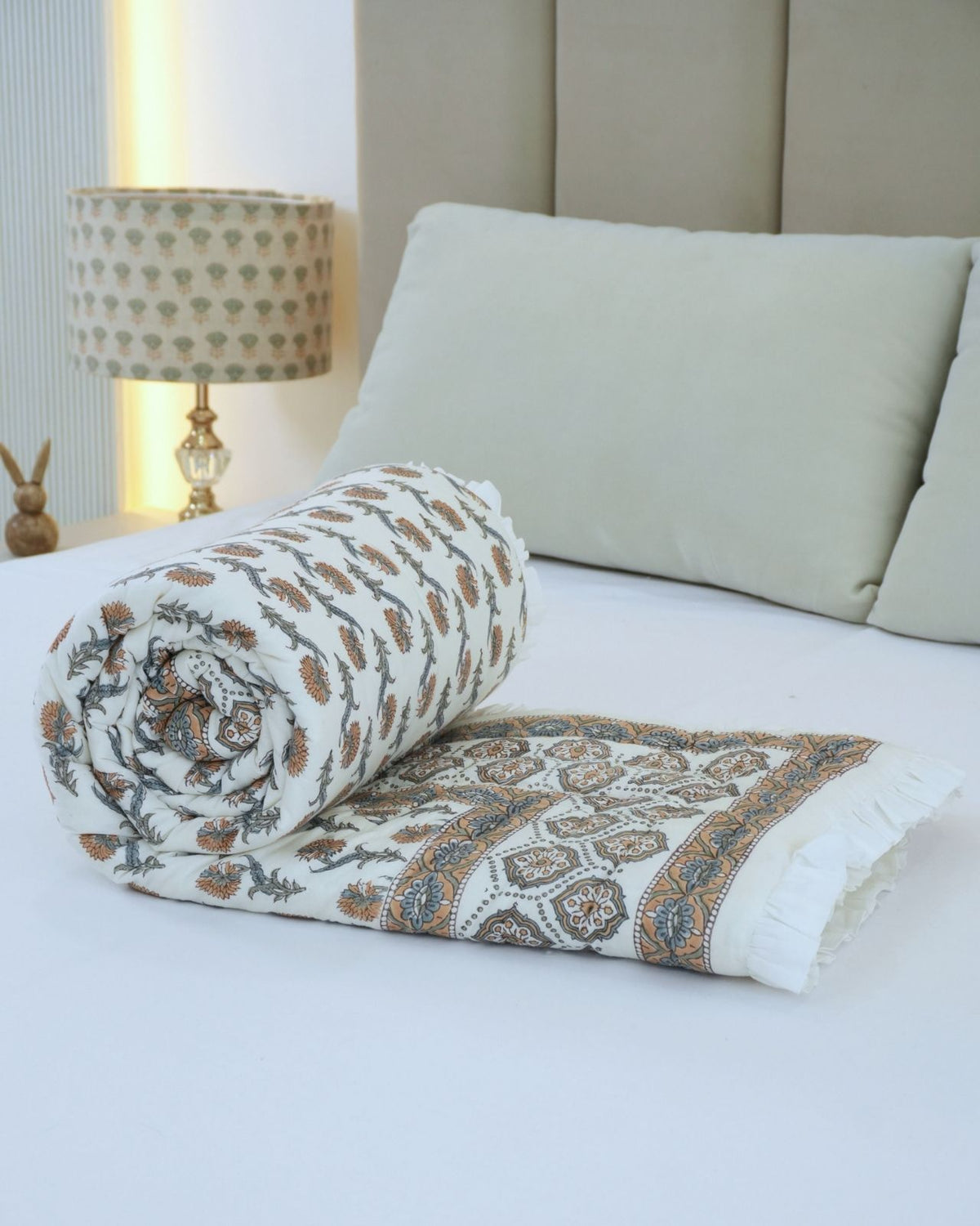 Handcrafted Block Print Gold Daffodil Cotton Reversible Quilt 