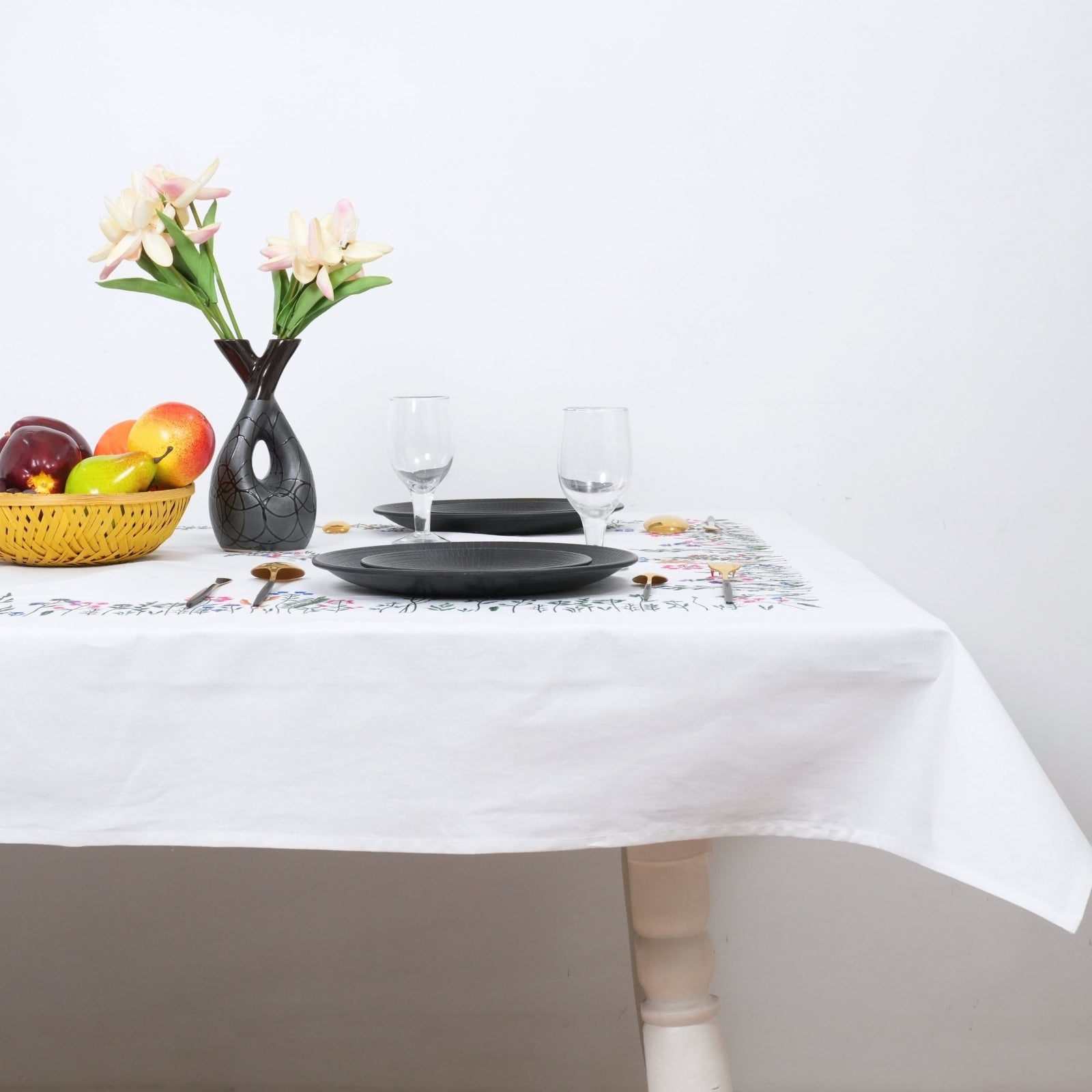 Red Green Floral Boho Embroidered Cotton Table Cover | Farmhouse
