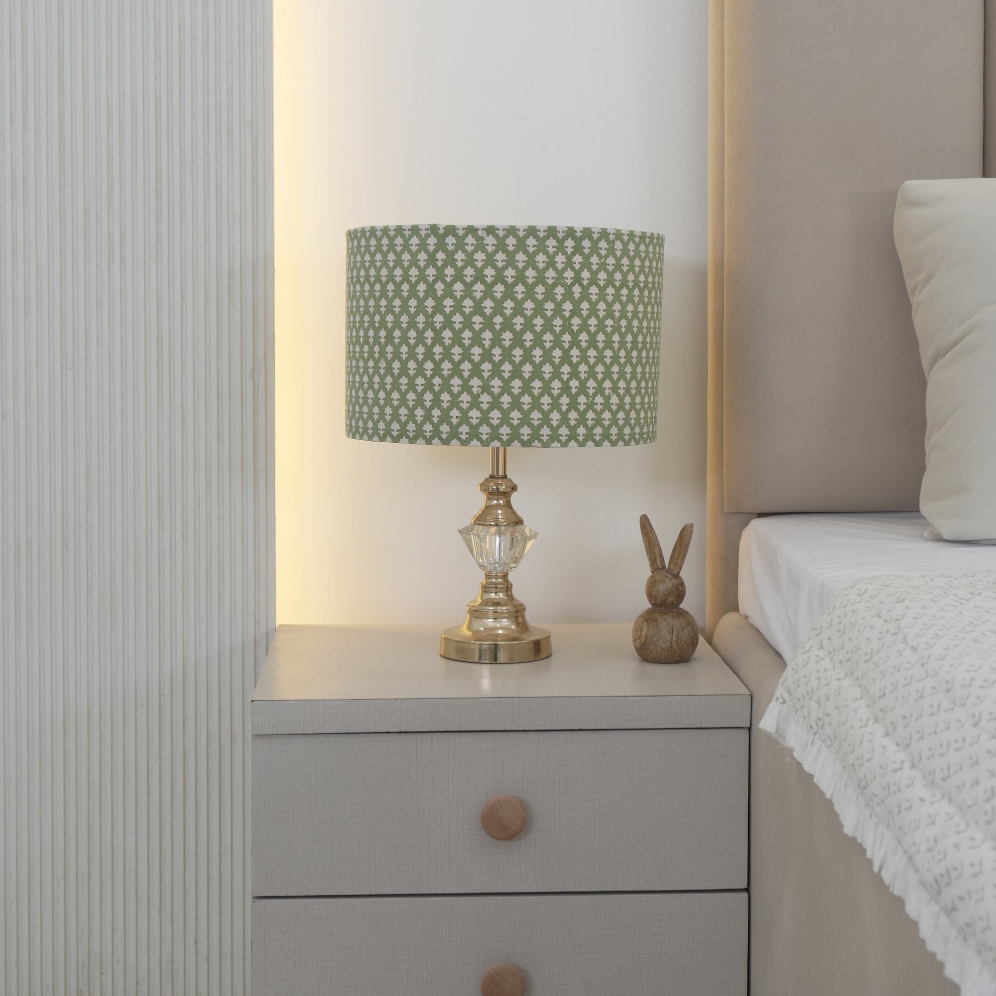 Indian Block Print Pure Linen Drum Lampshade - Pinkcity Green