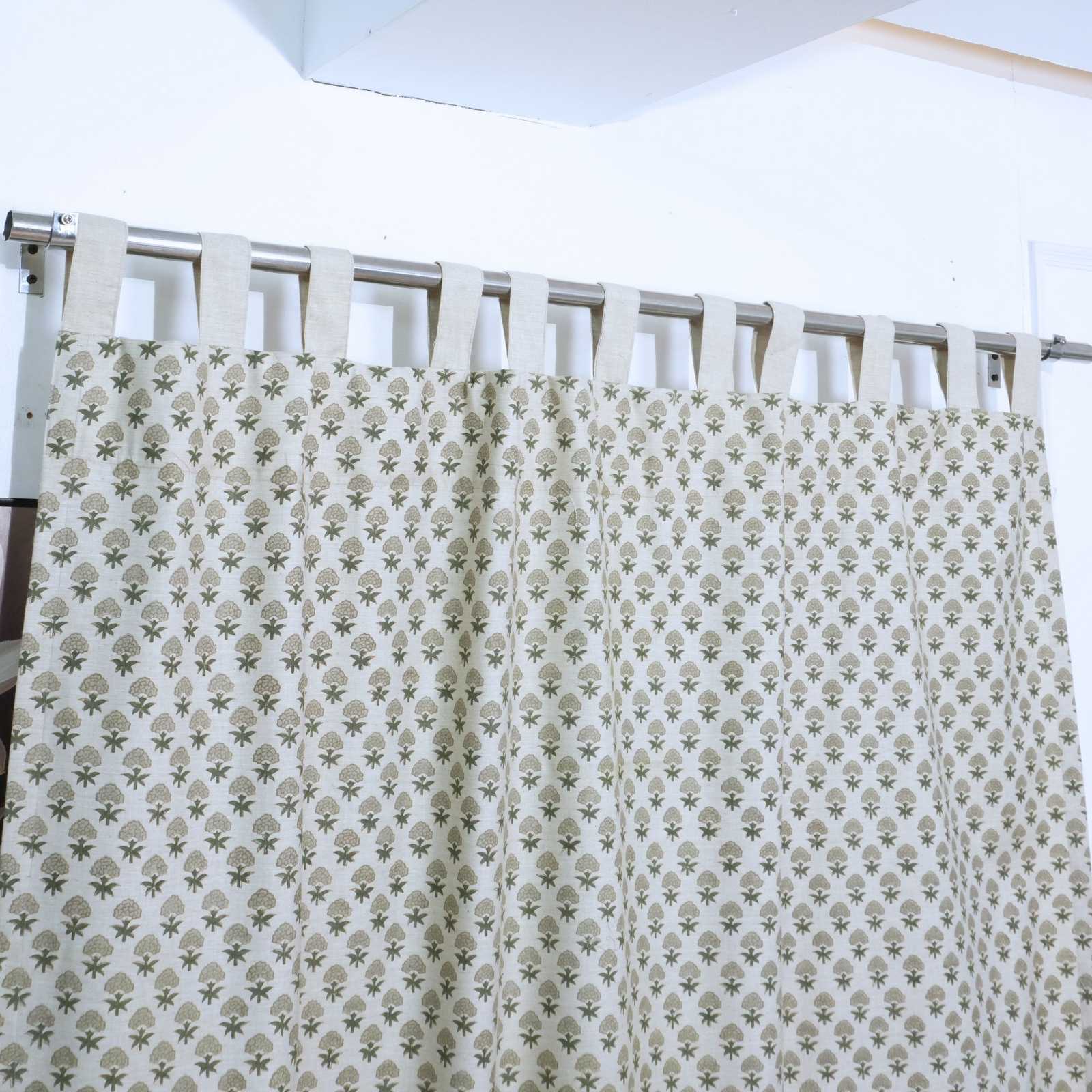 Beige Buti Hand Block Print Linen Tab Top Curtains — Strawberry