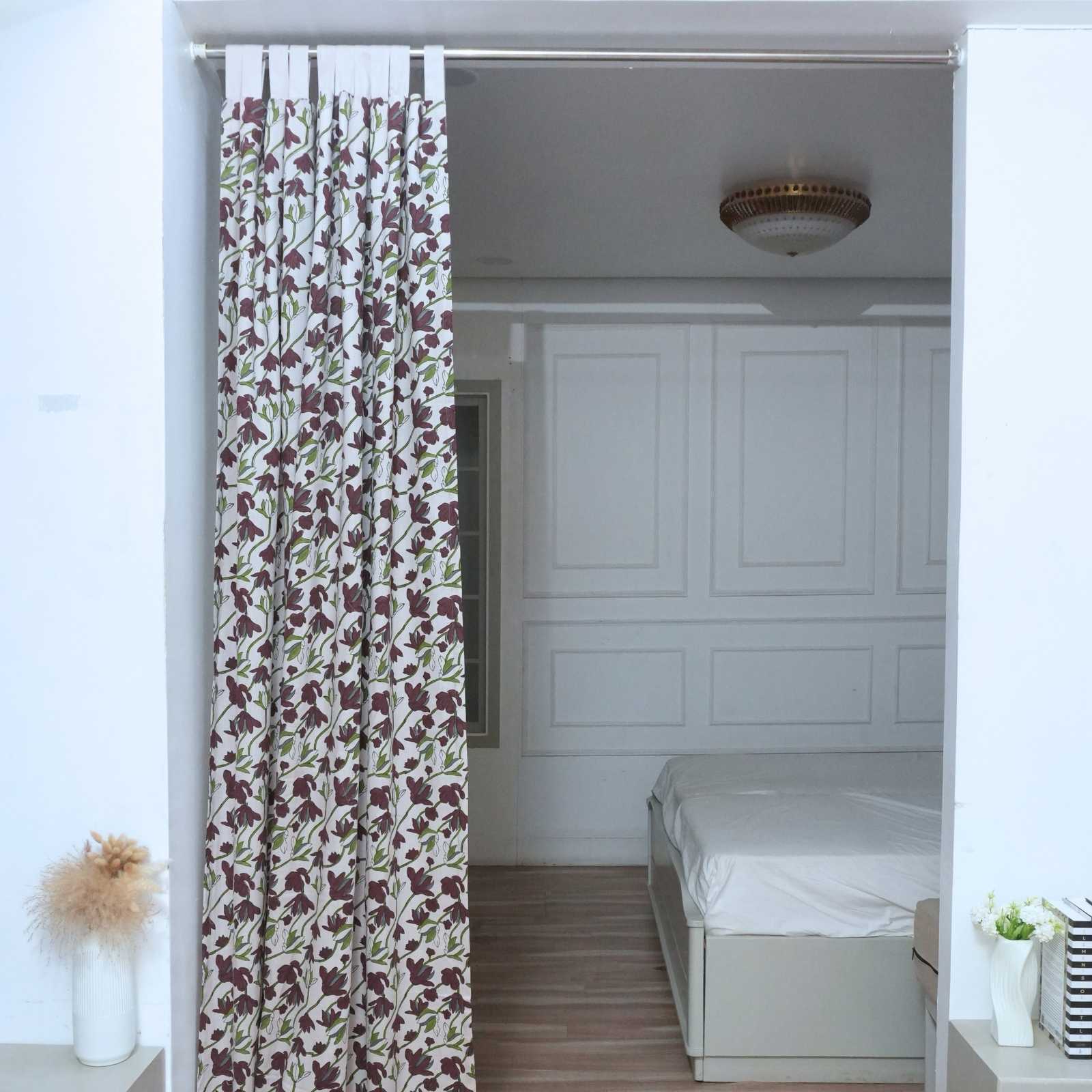 Shivri Dark Brown Floral Block Print Viscose Linen Tab Top Curtains