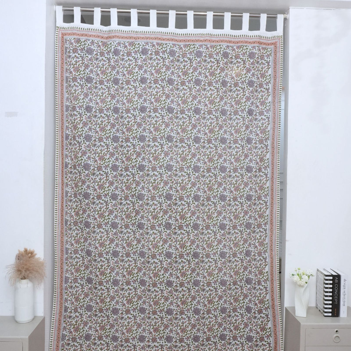Indian Artisan Block Print Cotton Tab Top Curtain - Pushplata