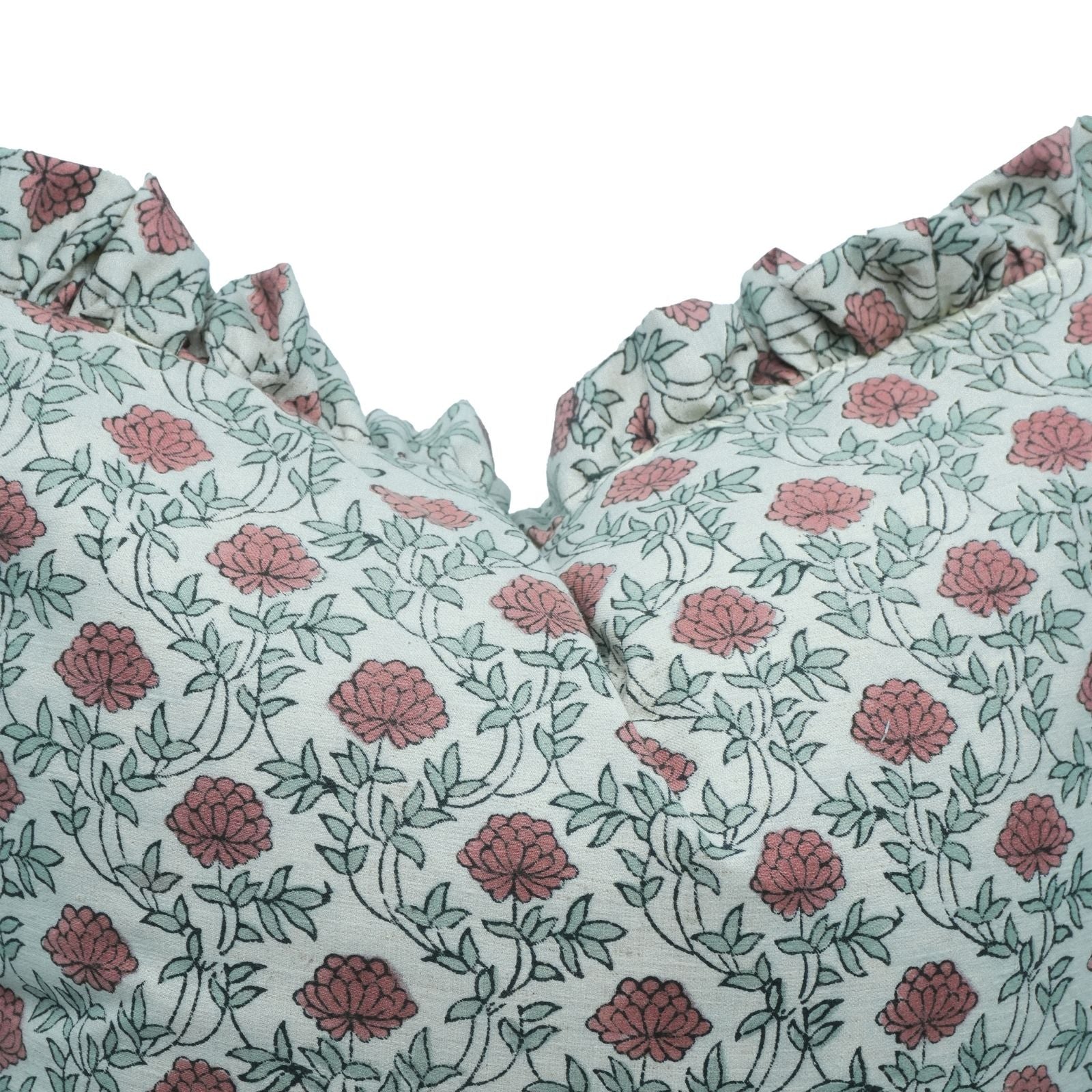 Block Print Red Floral Farmhouse Frill Pillow Cover - Khushbu