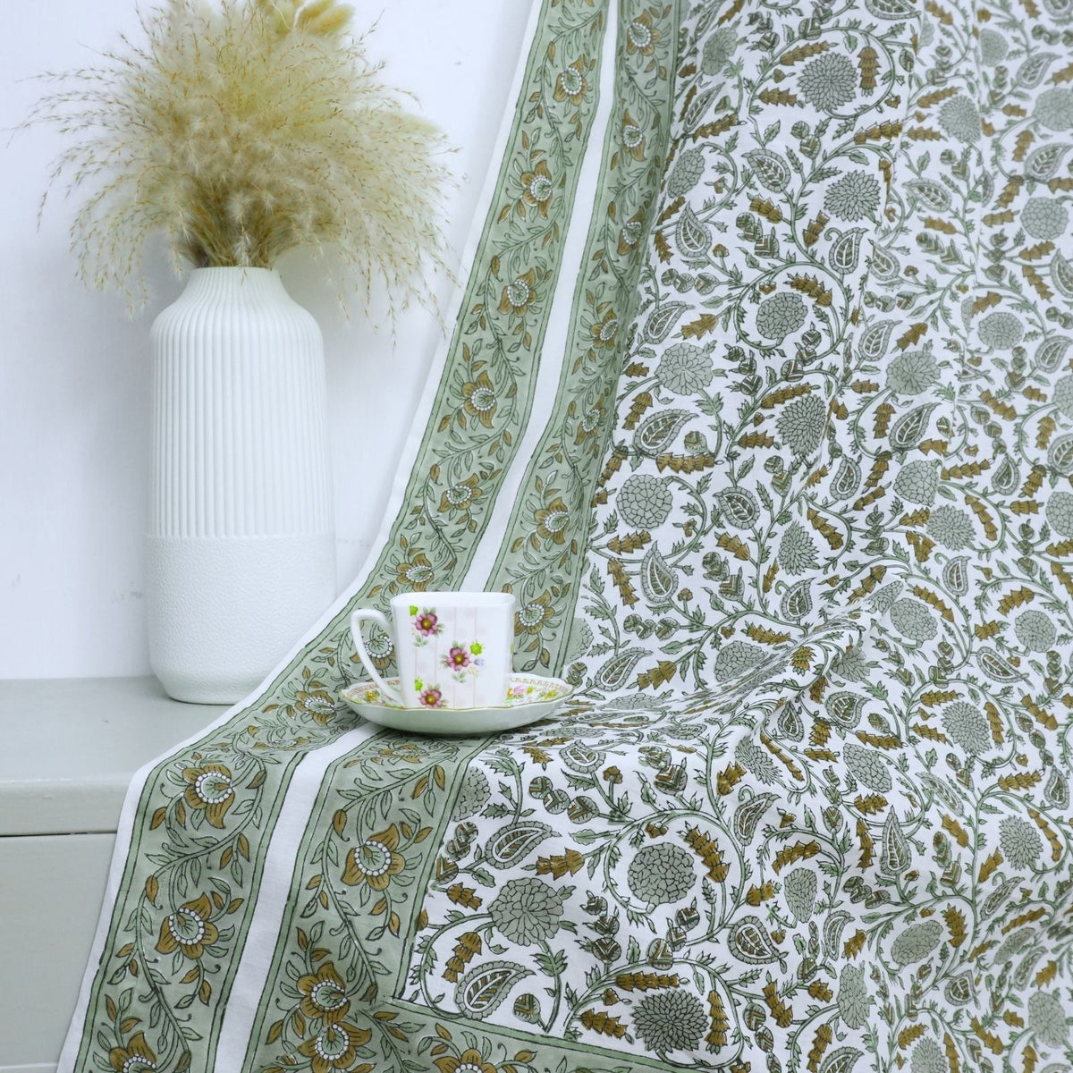 Handcrafted Sage Green 100% Cotton Gopi Tab Top Curtain 
