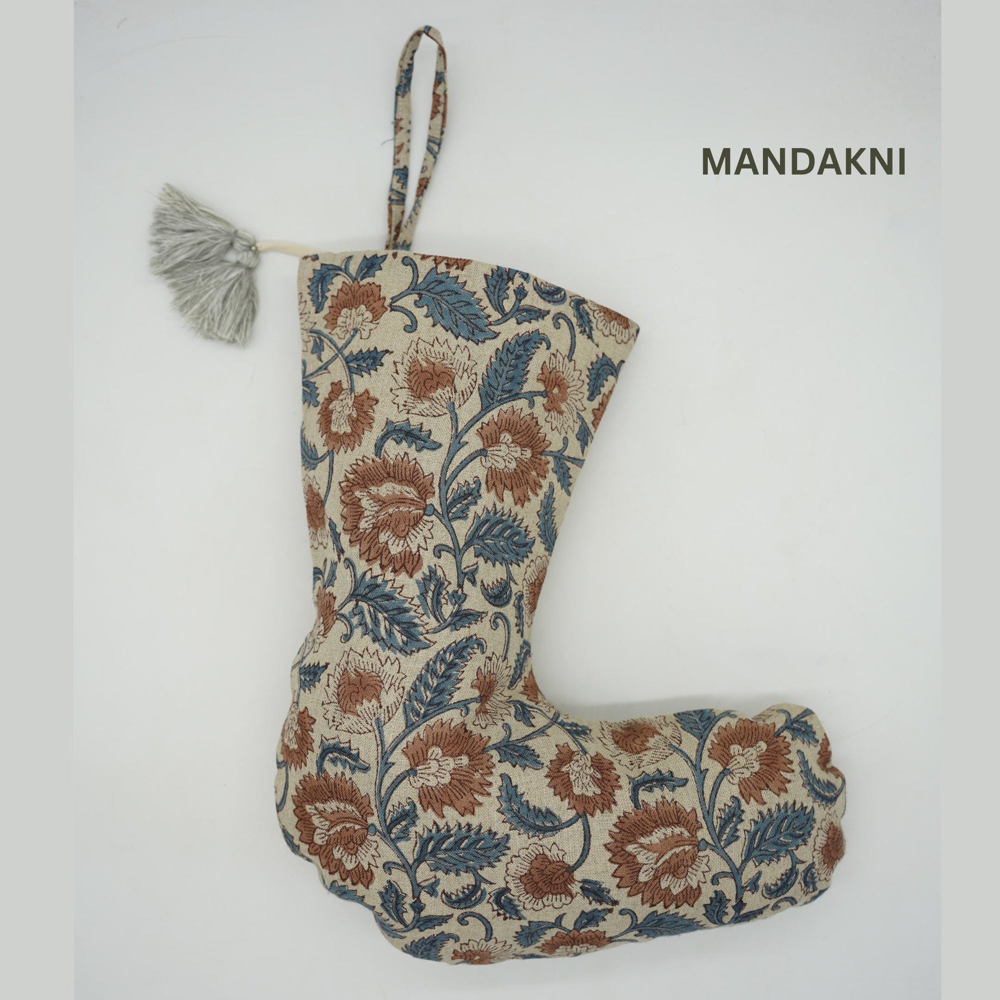 Christmas Stockings Modern Farmhouse Decor Hand Block Printed in Linen Personalized Decorative Stockings - Bijhni
