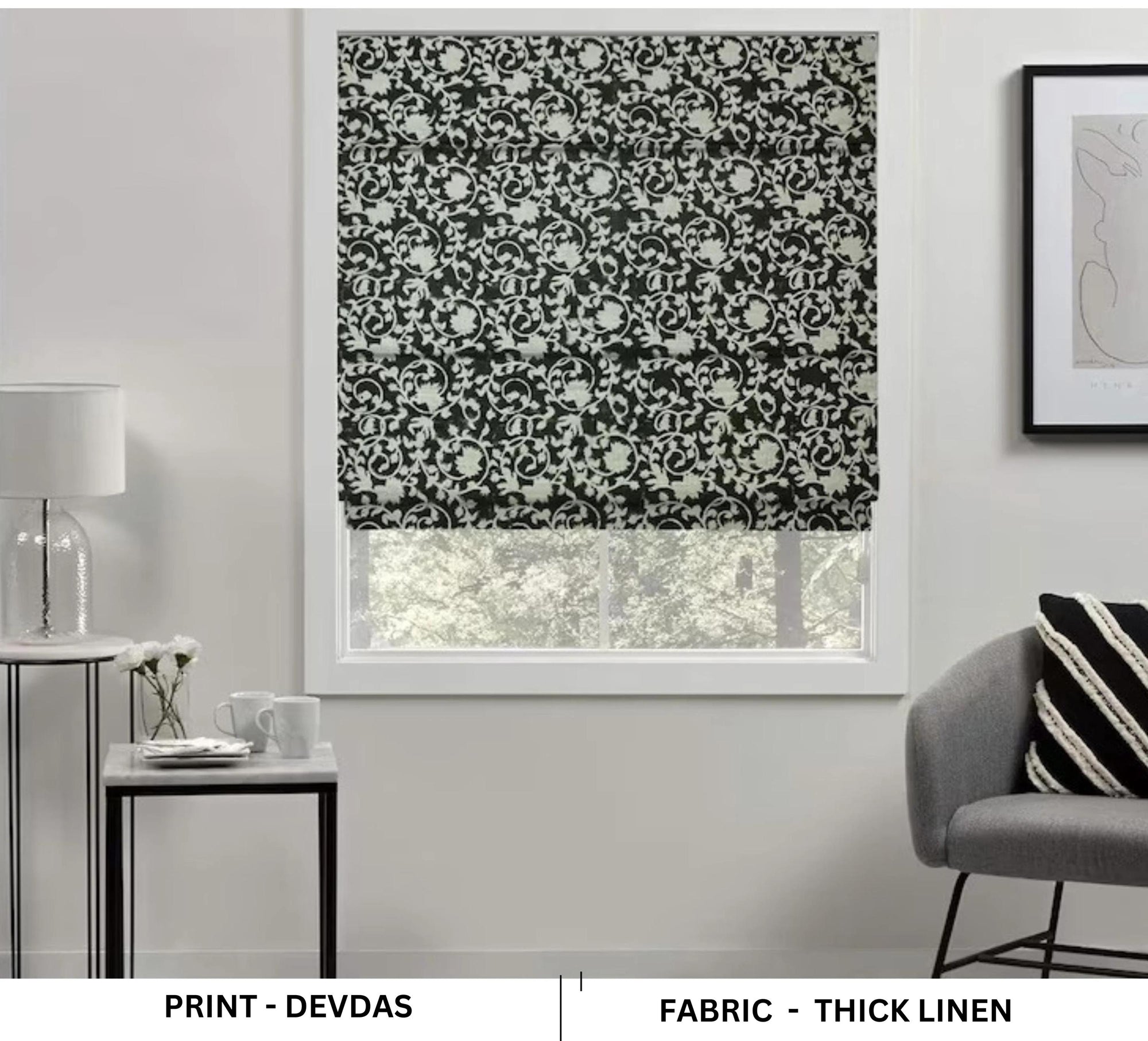 Room darkening linen roman shades hand block printed with floral patterns. These fabric blinds are both decorative and practical, offering aesthetic appeal and controlled lighting for living rooms or bedrooms.