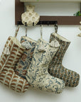 Block Printed Holiday Christmas Stockings in Linen Brown & Blue Floral with Pom Pom Decorative - Mandakni