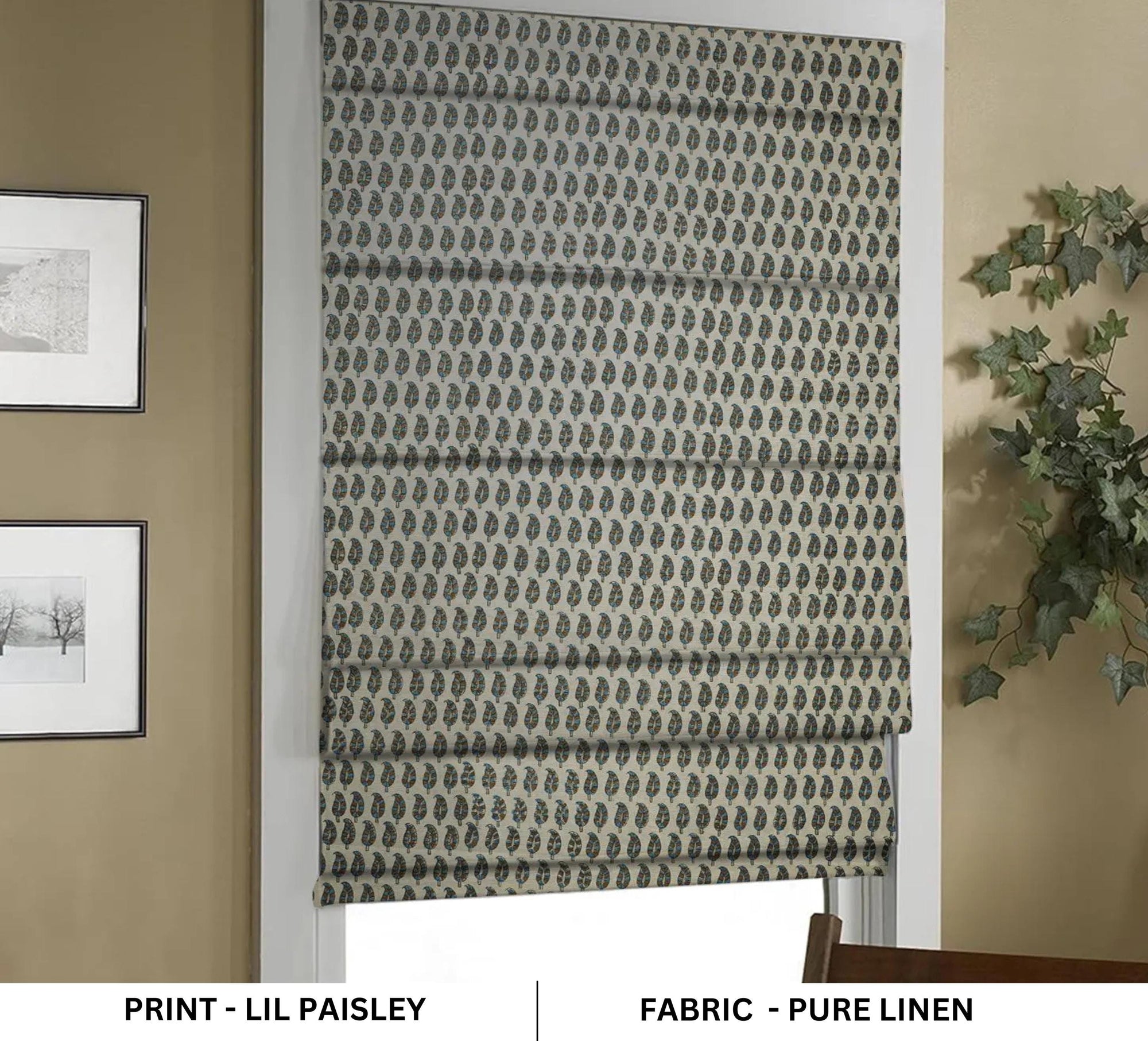 Room decorative linen roman blinds for those who love simplicity with detail. Block printed with care, each blind is a quiet work of art.