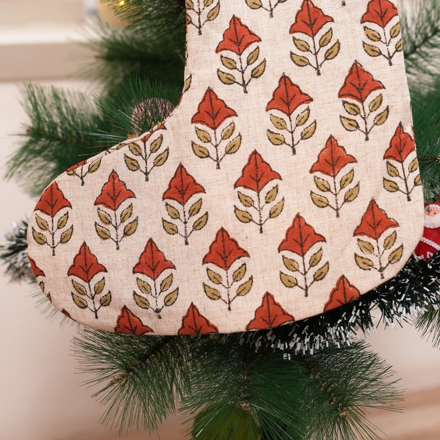 Block Printed Chinese Brown & Metallic Bronze Floral Mayur Viscose Linen Christmas Stockings with Pompom for Bedroom Décor