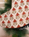 Block Printed Chinese Brown & Metallic Bronze Floral Mayur Viscose Linen Christmas Stockings with Pompom for Bedroom Décor