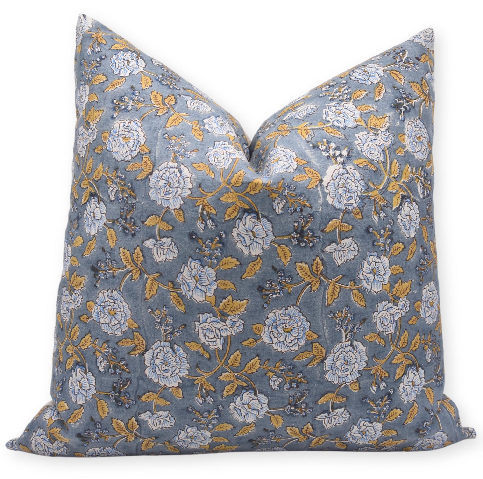 Fabdivine Handmade Cushion Case Vintage Block Floral Print Pure Linen 22x22 Inch Throw Pillow Covers Decor for Sofa, Couch, Bedroom, Hotels, Office & Outdoor, Rameshwaram-Yellow & Blue