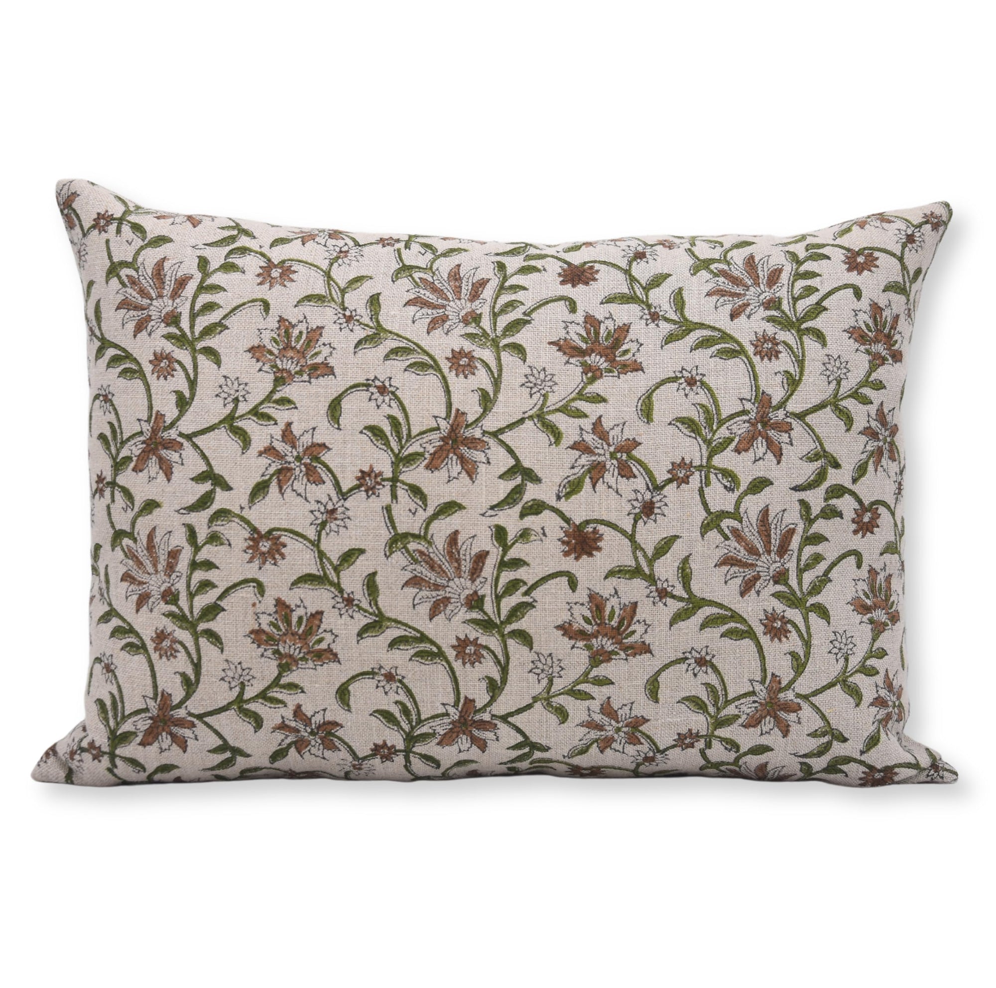 Fabdivine Artistic Handmade Block Floral Print Thick Linen 14x36 Inch Throw Pillowcase Cushion Cover Decorative for Sofa and Couch, Living Room, Bedroom, Hotels (Aradhana-Green)