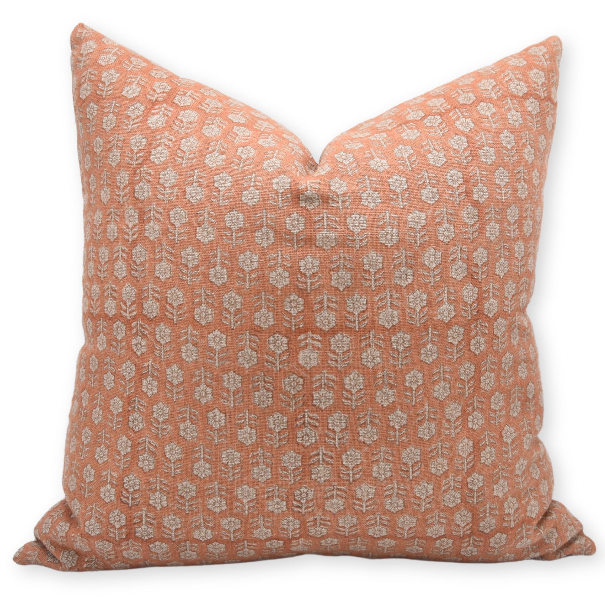 Fabdivine Thick Linen Throw Pillow Cover, Outdoor Pillow with Handloom Print, Sustainable Handmade Cushion Cover for Sofa and Couch, Floral Print with Boho Design, Tulsi buti (Orange, 14' X 14')