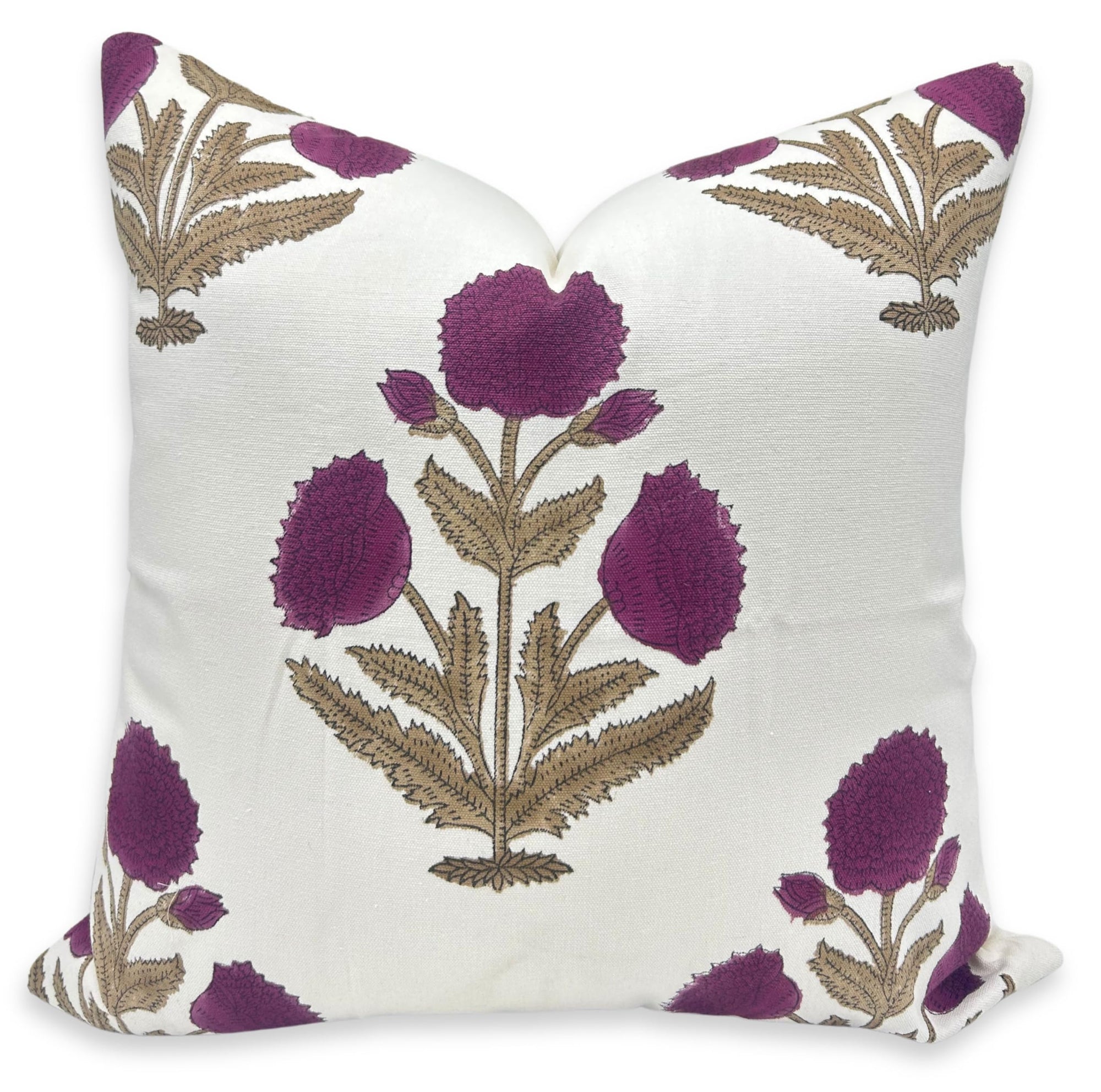 Fabdivine Handmade Boho Floral Printed 16x16 Inch Thick Cotton White Pillowcase Cushion Cover with Zipper Decorative for Living Room, Bedroom, Farmhouse, Outdoor, Sofa and Couch (Wine-Badshah)