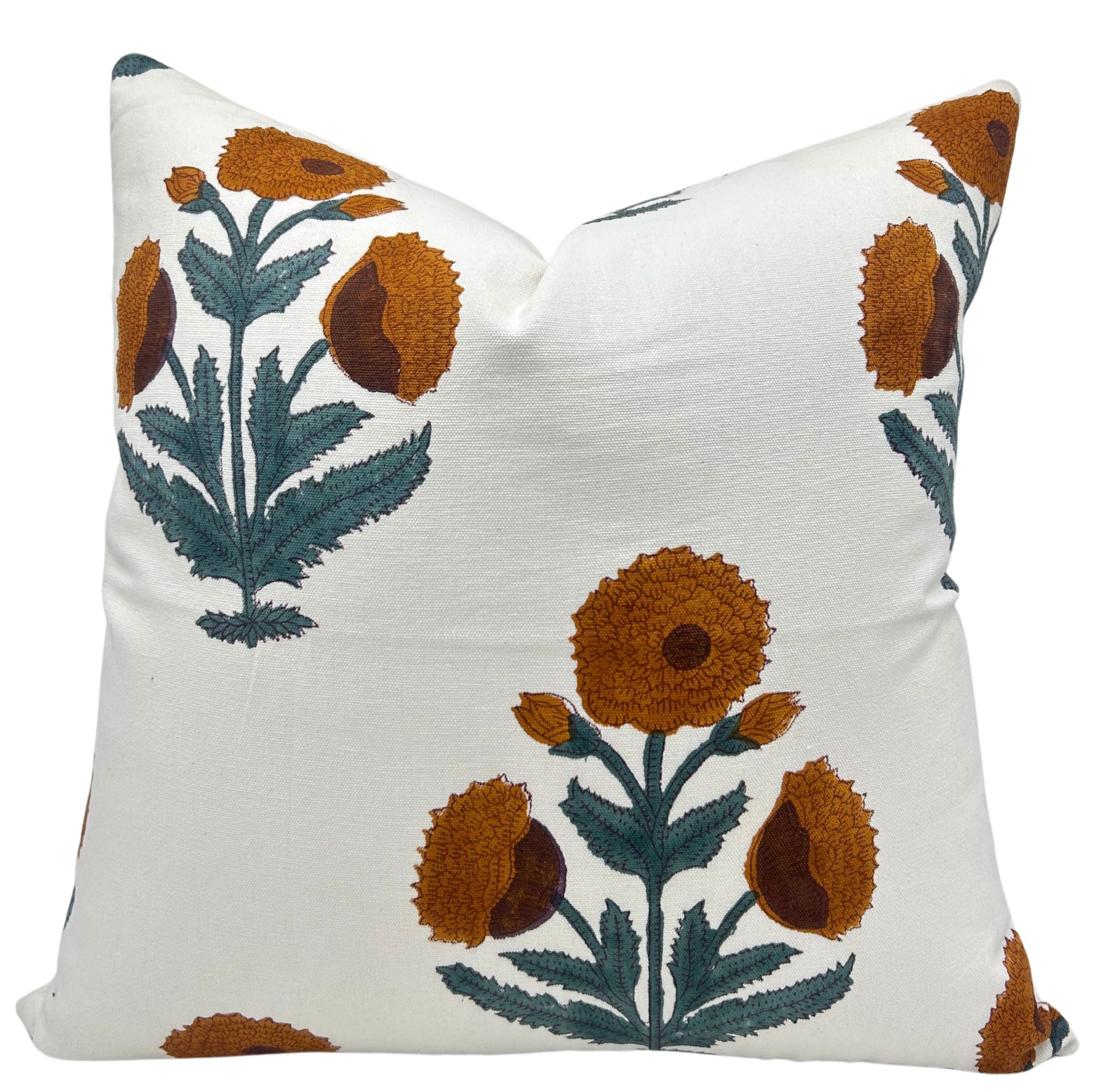 Fabdivine Artistic Handmade Block Floral Print Thick Cotton White 14x14 Inch Throw Pillow Cover with Zipper Decorative for Living Room, Bedroom, Sofa and Couch (Mustard & Brown-Badshah)