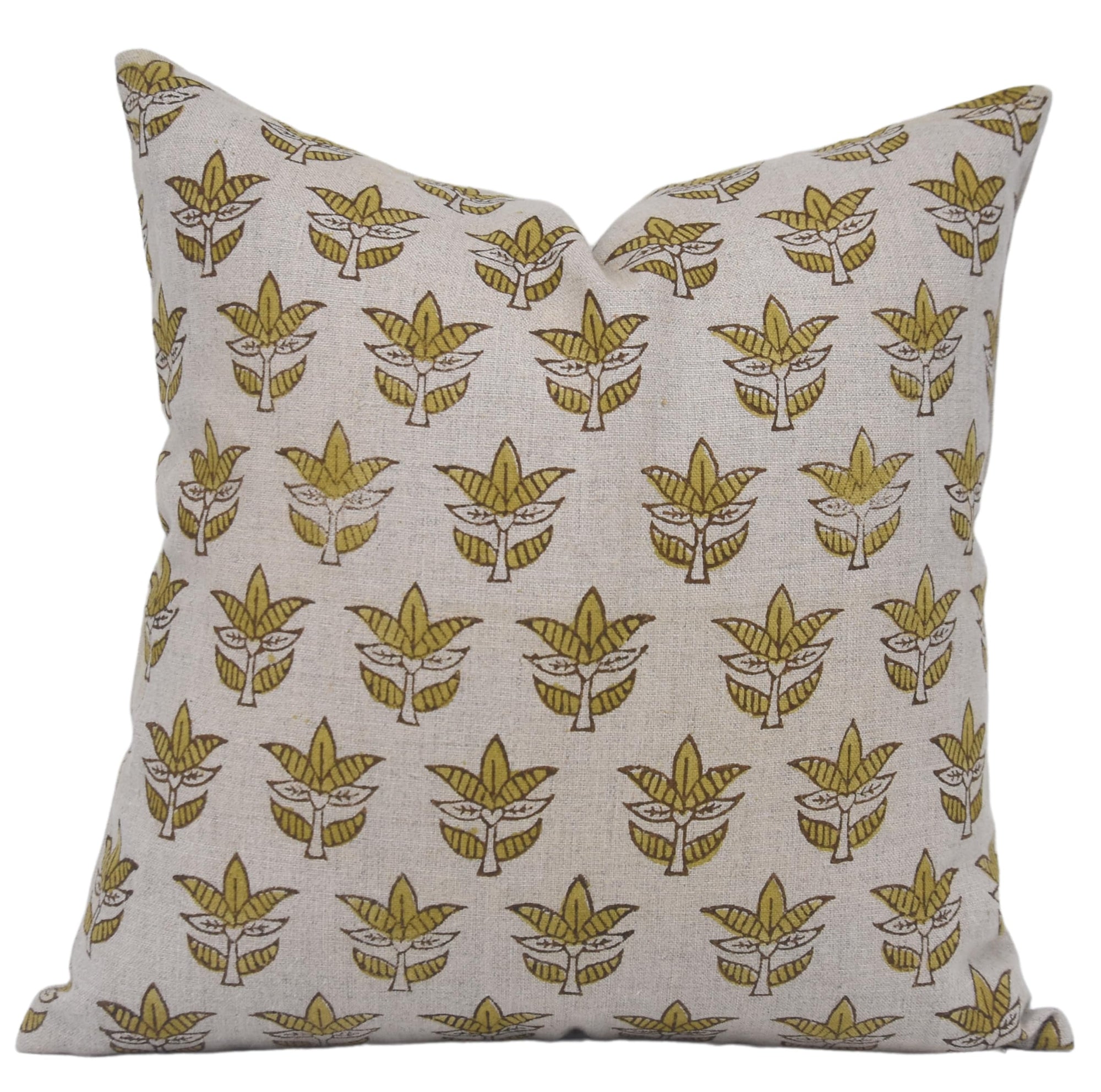 Fabdivine Pure Linen Fabric Throw Pillowcase Cushion Cover Hidden Zipper 14x14 Inches Handmade Block Print Décor for Sofa, Couch, Bedroom, Indoor, Farmhouse (7Patti-Mustard)