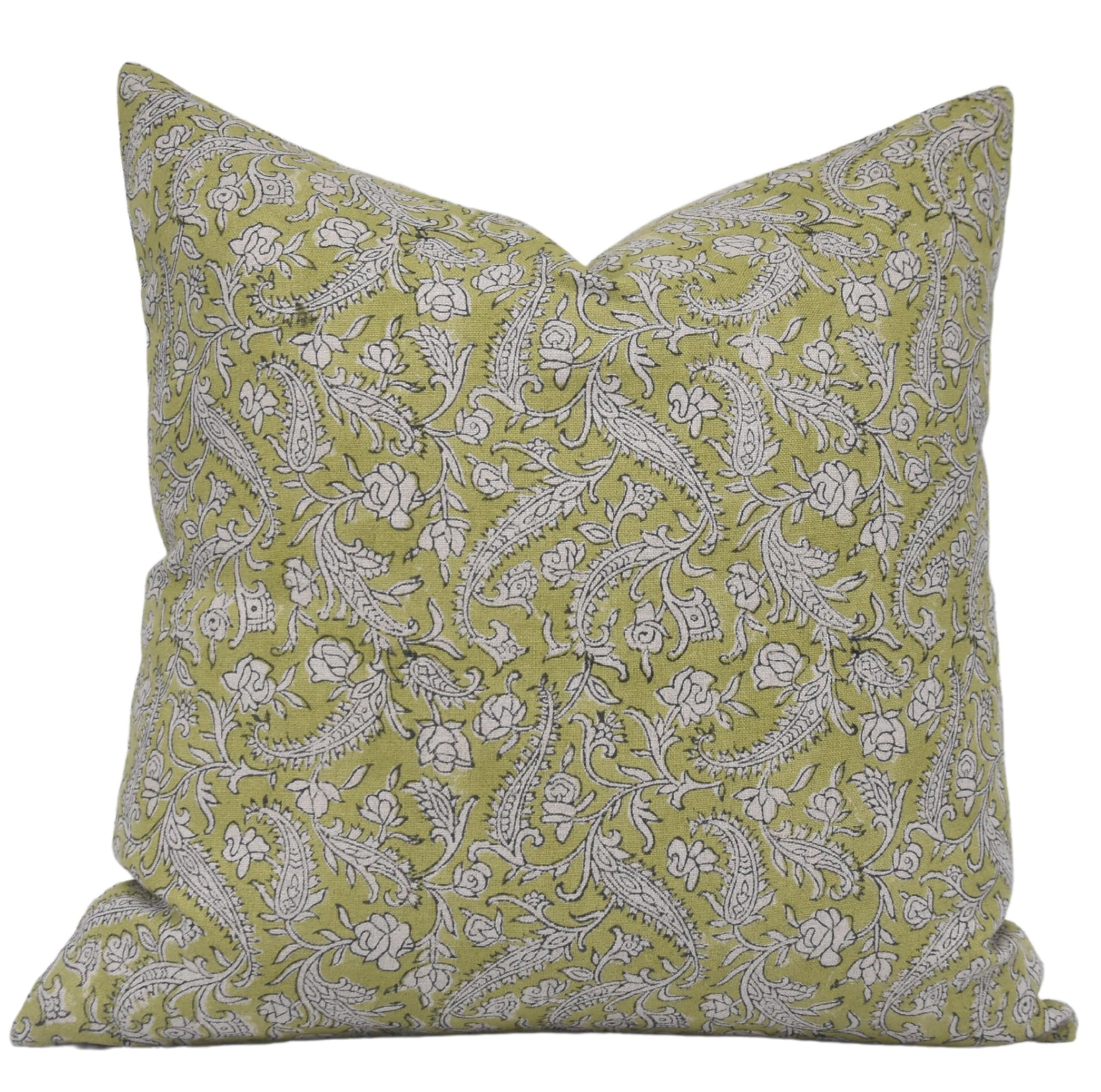 Fabdivine Vintage Handmade Block Print Pure Linen 16x16 Inch Throw Pillowcase Cushion Cover with Zipper Decorative for Sofa, Couch, Living Room, Bedroom, Chair (Black Forest-Light Green)