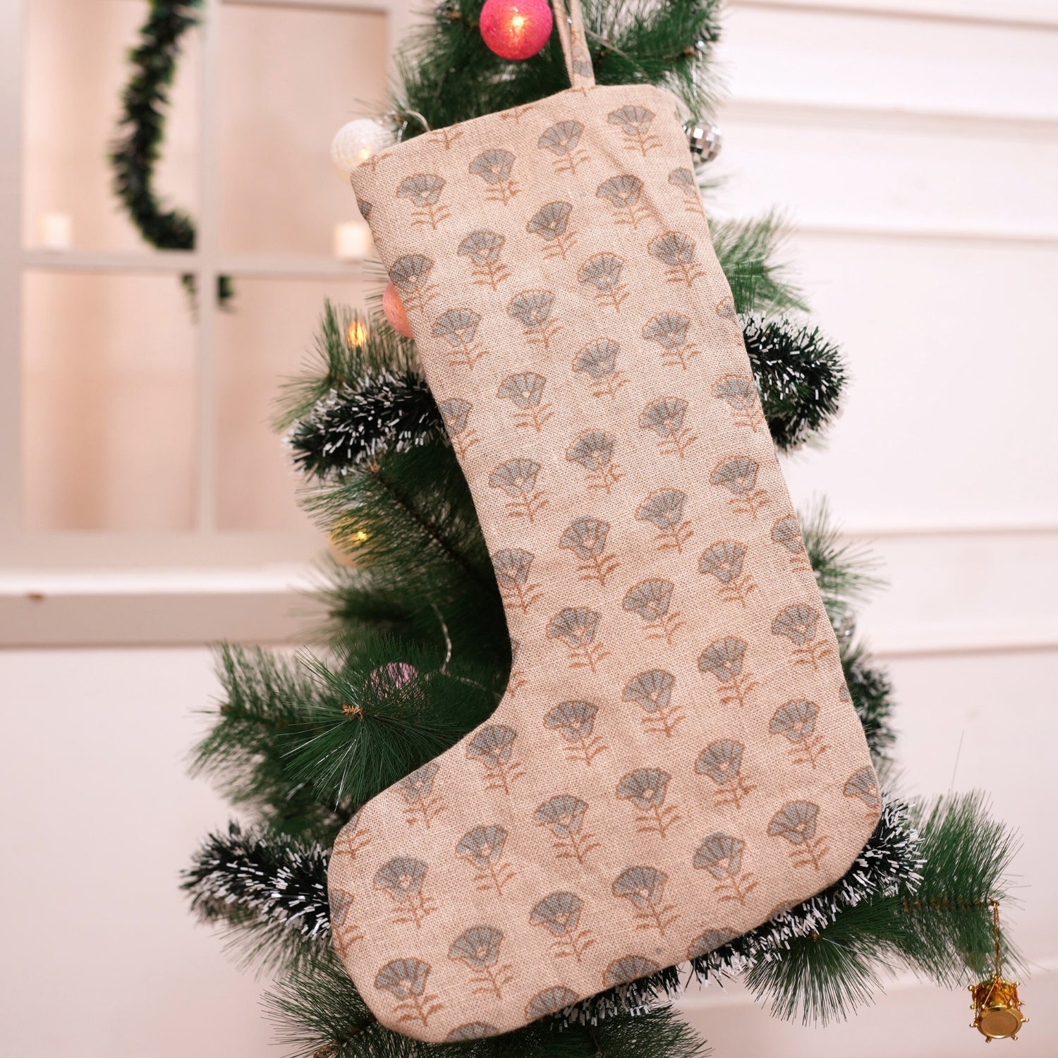 Indian Art Block Printed Thick Linen Throw Blueish and Brown Mini Floral Design Christmas Stockings with Pom Pom for Festive Decor - Kohinoor