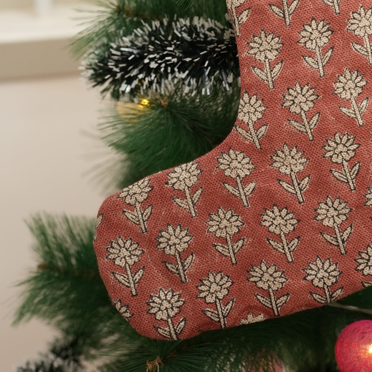 Block Printed Brown and Black Floral Christmas Decorative Stockings on Thick Linen with Pom Pom Pankhudi Festive Farmhouse & Holiday Decor