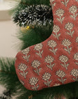 Block Printed Brown and Black Floral Christmas Decorative Stockings on Thick Linen with Pom Pom Pankhudi Festive Farmhouse & Holiday Decor