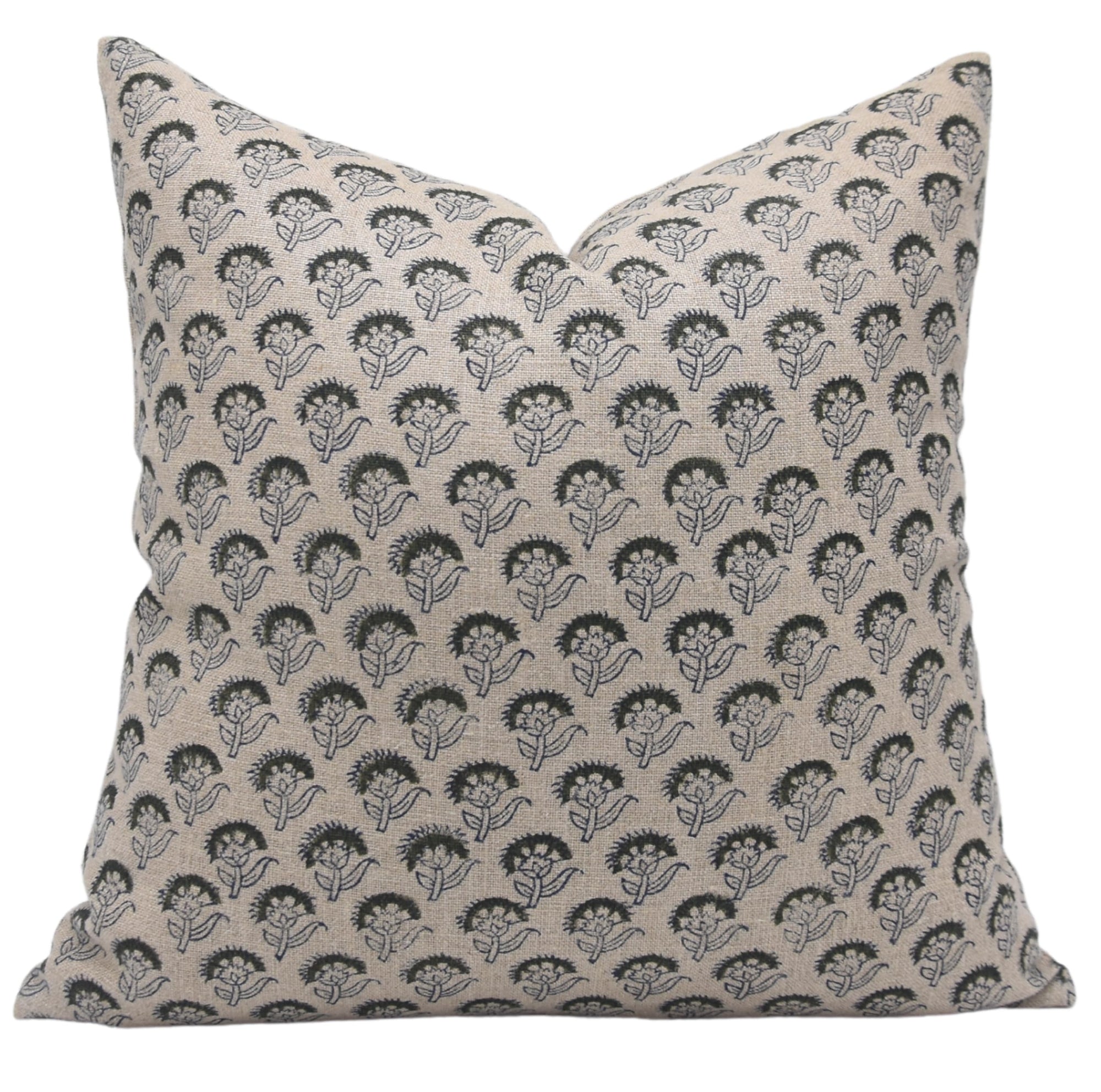 Fabdivine Handmade Block Print Thick Linen 18X18 Inch Throw Pillow Case Cushion Cover for Sofa, Couch and Bed, Fall Decoration, Farmhouse, Outdoor, Living Room, Home Décor, Juju Flower, Green