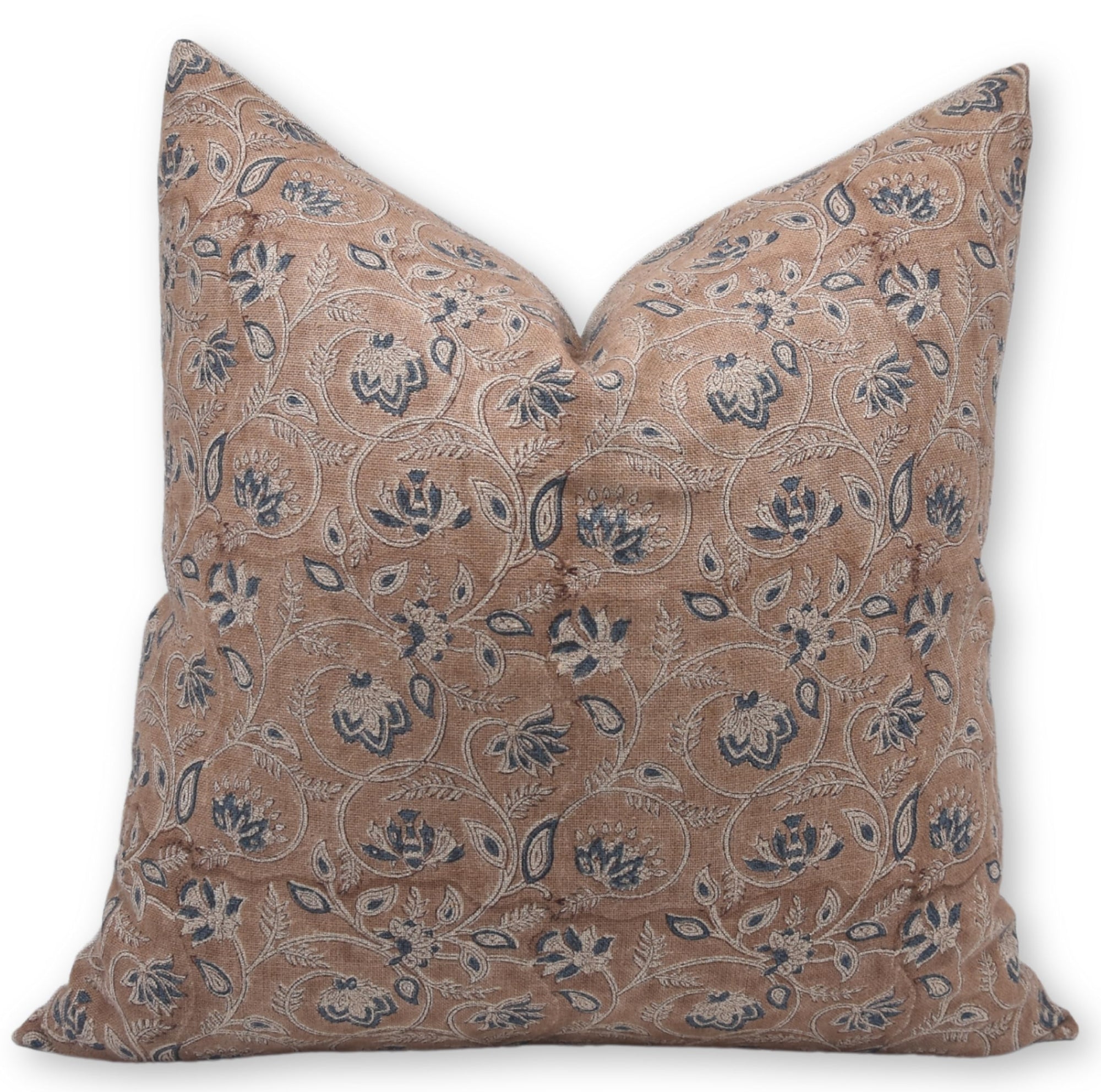 Fabdivine Handmade Floral Block Print Thick Linen Throw 22x22 Inch Pillowcase Cushion Cover for Sofa Couch, Bed, Summer Fall Decoration, Outdoor, Farmhouse (Saraswati-Light Brown)