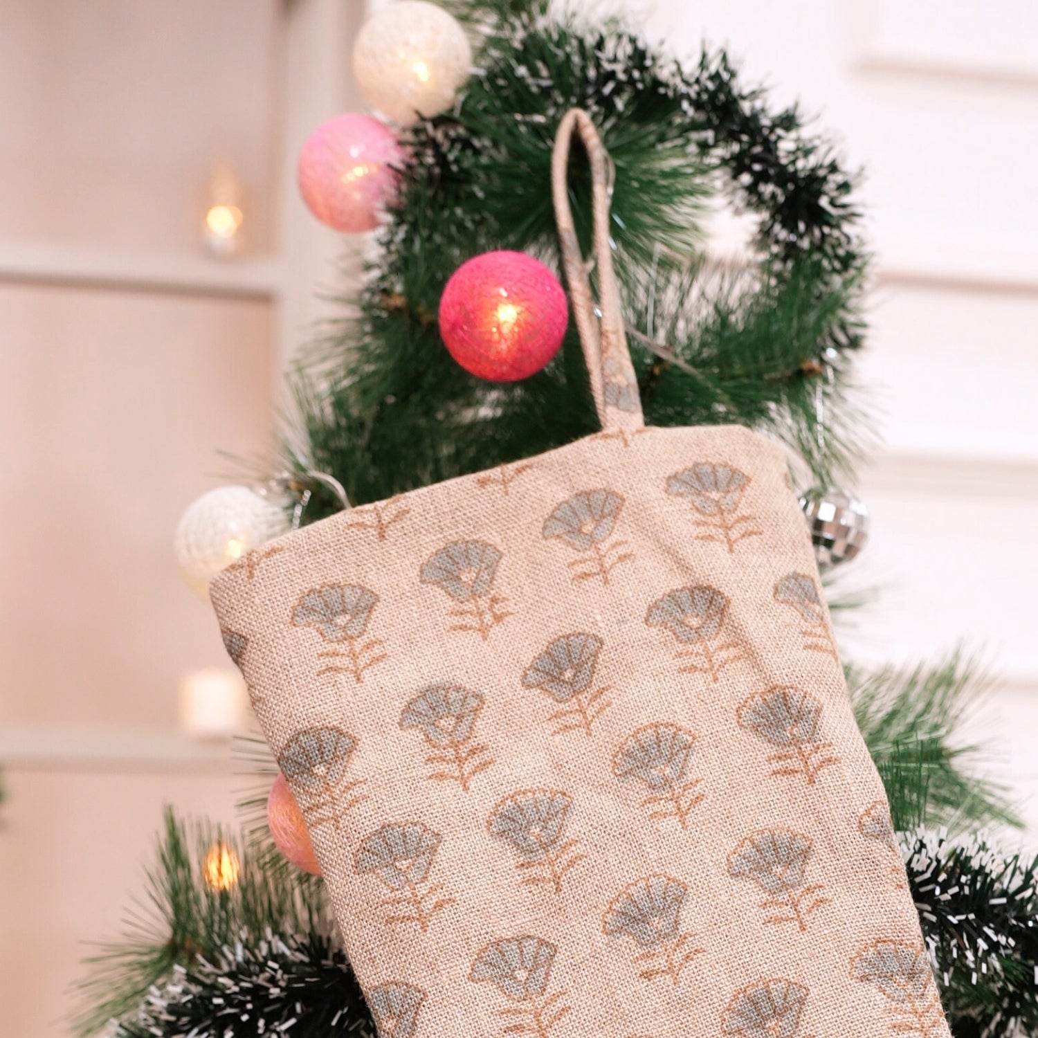 Indian Art Block Printed Thick Linen Throw Blueish and Brown Mini Floral Design Christmas Stockings with Pom Pom for Festive Decor - Kohinoor