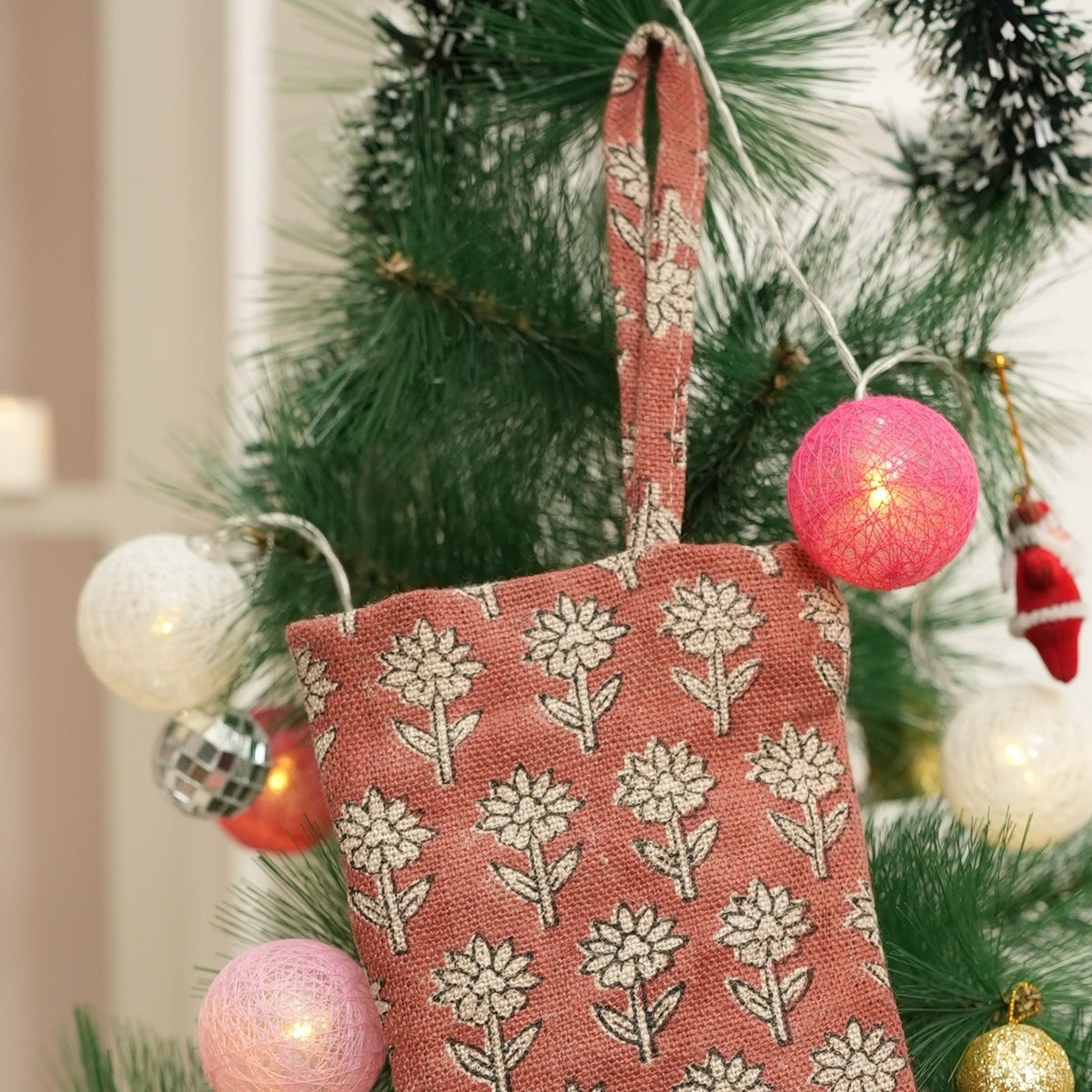 Block Printed Brown and Black Floral Christmas Decorative Stockings on Thick Linen with Pom Pom Pankhudi Festive Farmhouse & Holiday Decor