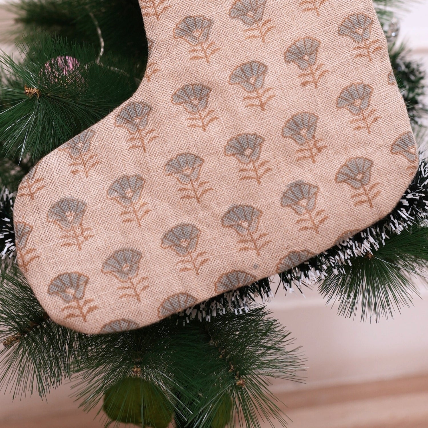 Indian Art Block Printed Thick Linen Throw Blueish and Brown Mini Floral Design Christmas Stockings with Pom Pom for Festive Decor - Kohinoor