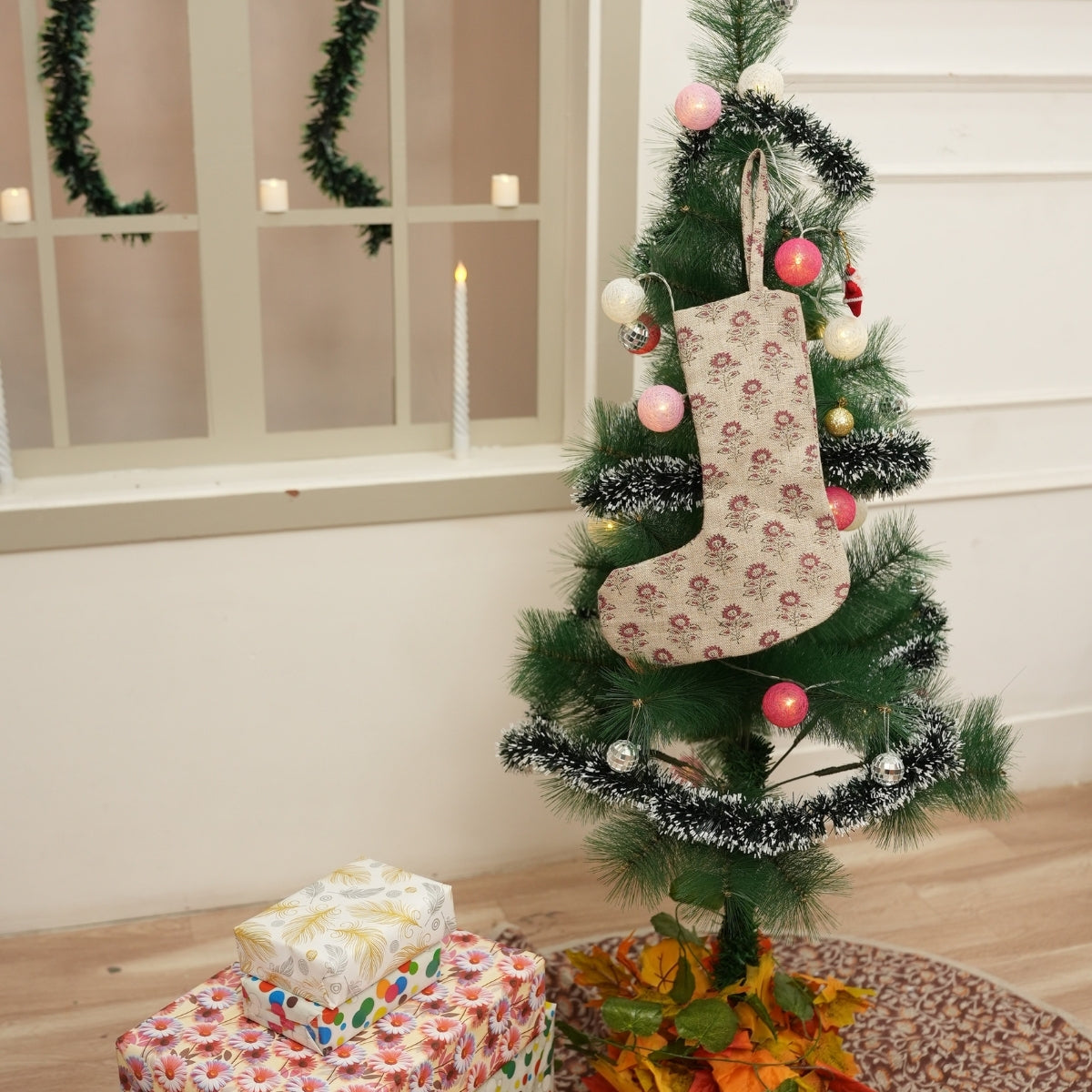 Indian Hand Block Printed Bagru Buti Red & Black Floral Thick Linen Christmas Stockings With Pom Pom
