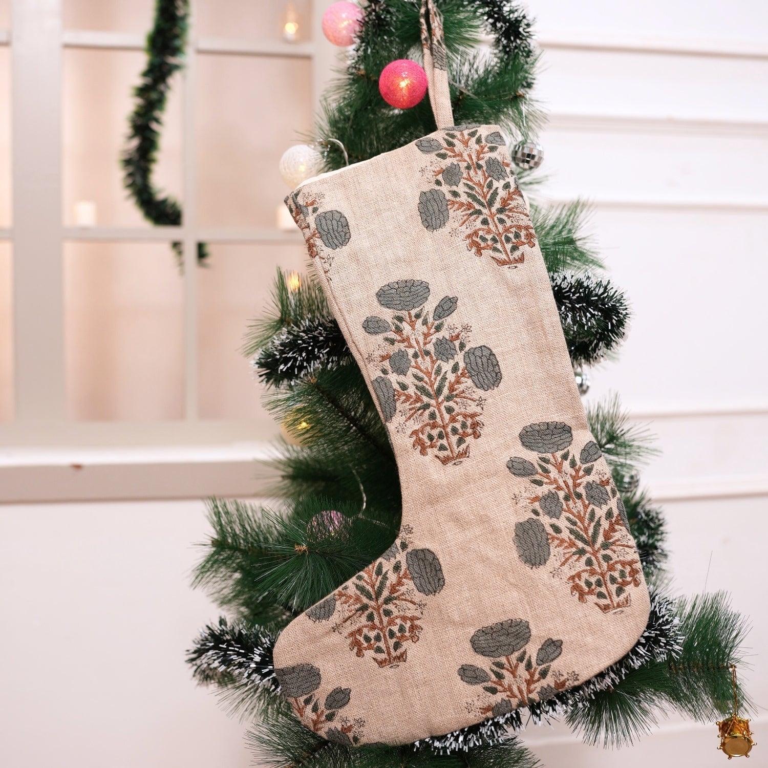 Indian Block Printed Brown & Gray Floral Swadesh Christmas Stockings on Thick Linen Handmade Boho Style with Pompom for Festive Decor