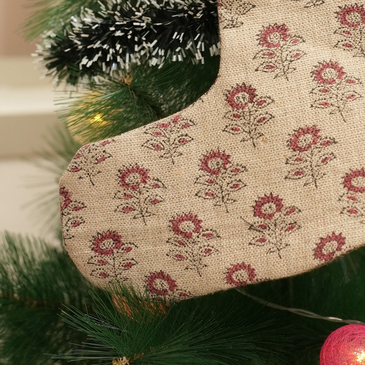 Indian Hand Block Printed Bagru Buti Red & Black Floral Thick Linen Christmas Stockings With Pom Pom