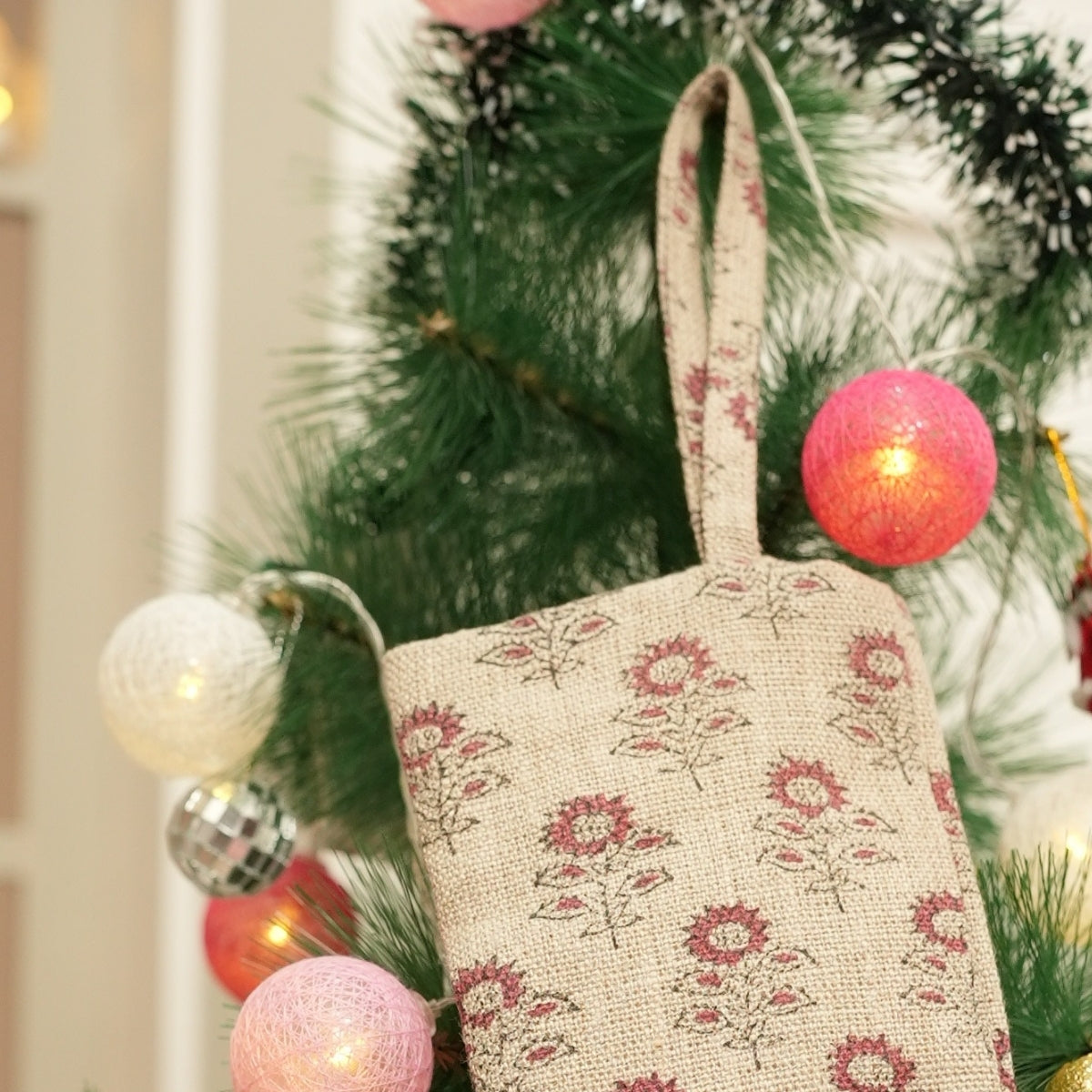 Indian Hand Block Printed Bagru Buti Red & Black Floral Thick Linen Christmas Stockings With Pom Pom