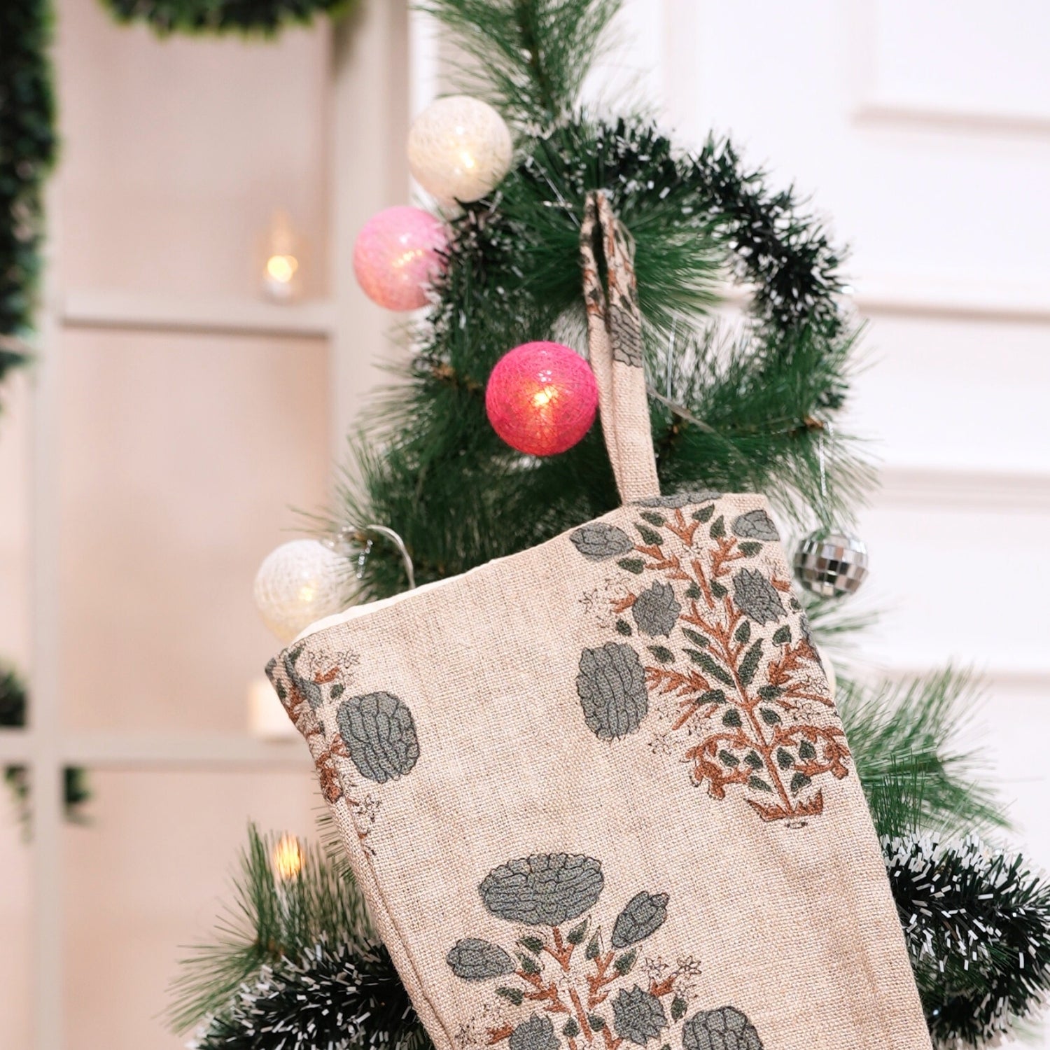 Indian Block Printed Brown & Gray Floral Swadesh Christmas Stockings on Thick Linen Handmade Boho Style with Pompom for Festive Decor
