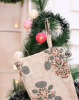 Indian Block Printed Brown & Gray Floral Swadesh Christmas Stockings on Thick Linen Handmade Boho Style with Pompom for Festive Decor