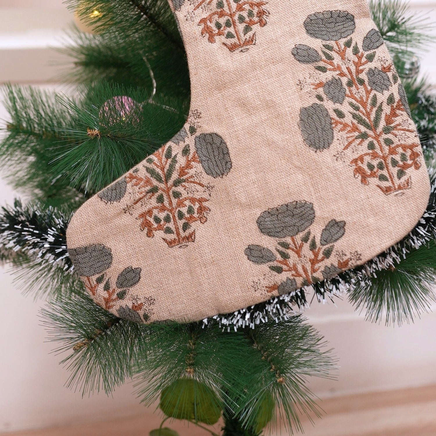 Indian Block Printed Brown & Gray Floral Swadesh Christmas Stockings on Thick Linen Handmade Boho Style with Pompom for Festive Decor