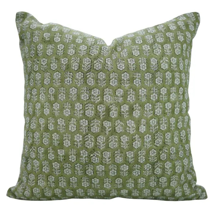 Indian Traditional Print Olive Green Linen Pillow - Tulsi Buti 