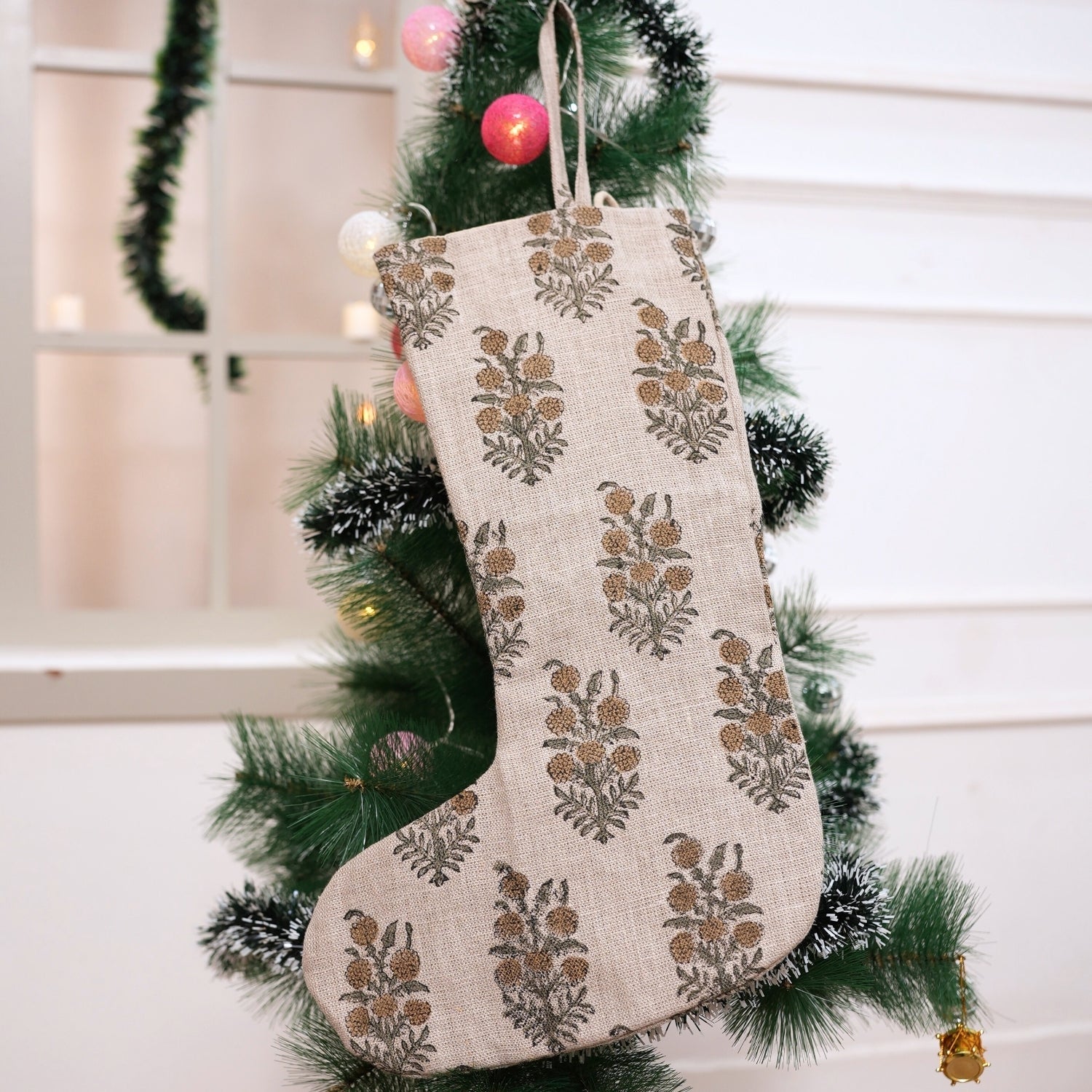 Artisan-Made Hjara Mustard & Gray Floral Thick Linen Block Printed Christmas Stockings with Decorative Pom Pom Detailing