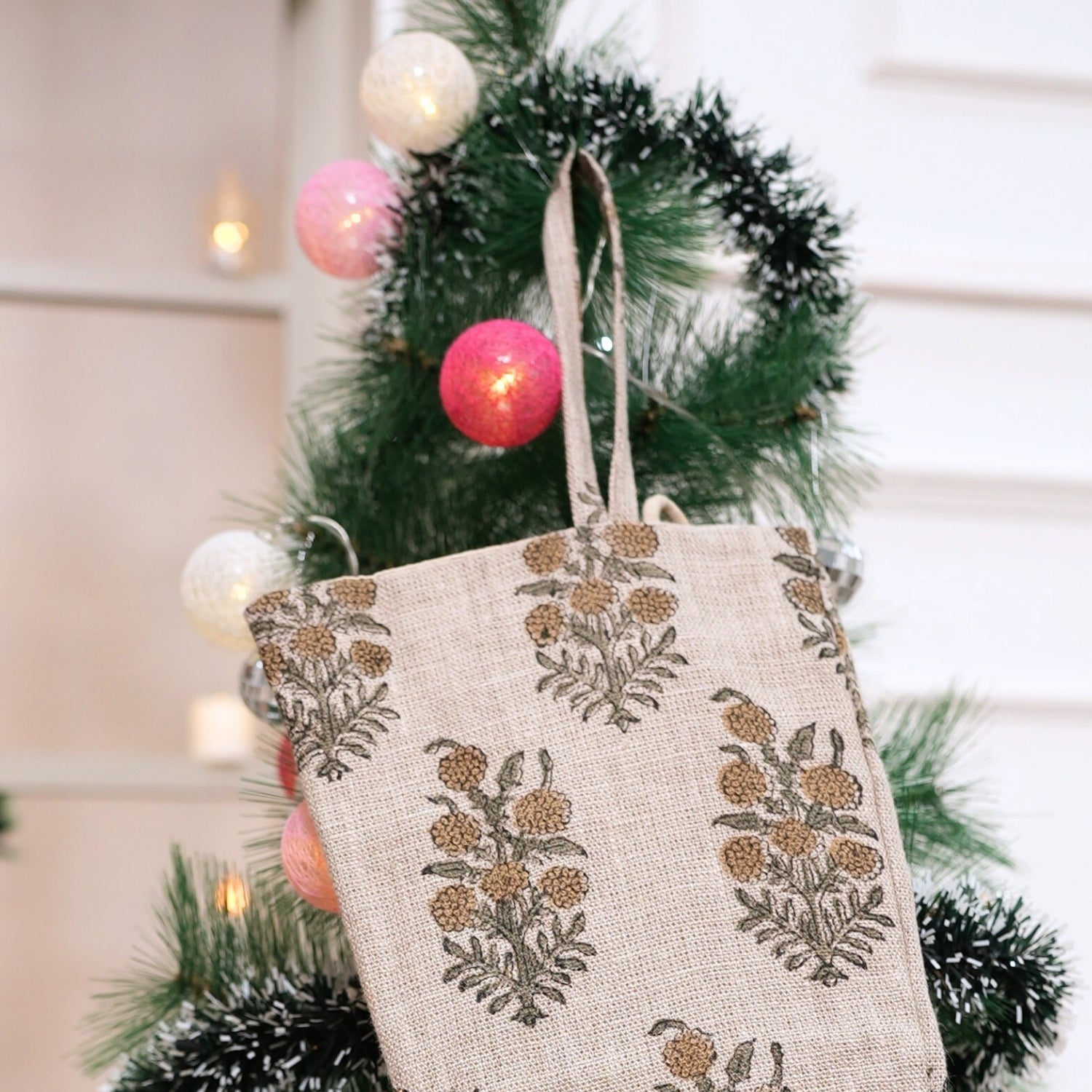 Artisan-Made Hjara Mustard & Gray Floral Thick Linen Block Printed Christmas Stockings with Decorative Pom Pom Detailing