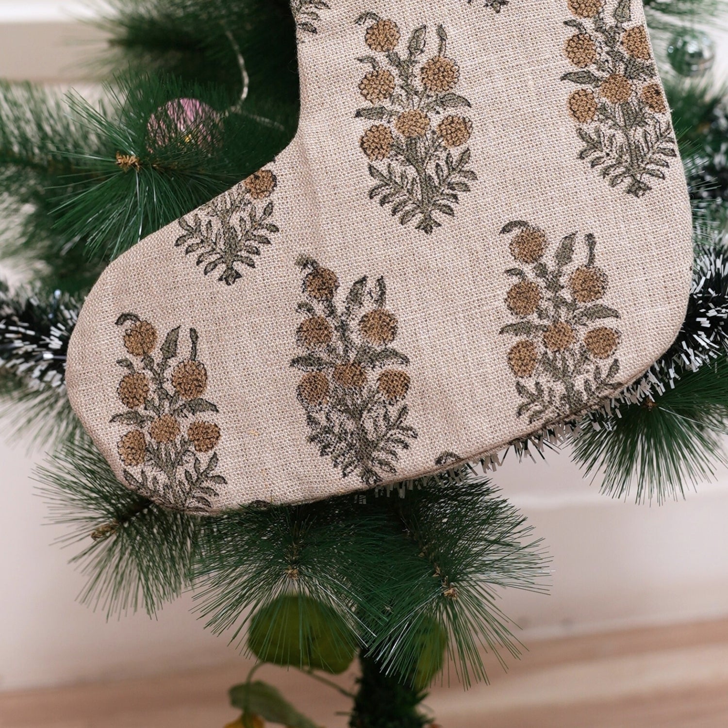 Artisan-Made Hjara Mustard & Gray Floral Thick Linen Block Printed Christmas Stockings with Decorative Pom Pom Detailing