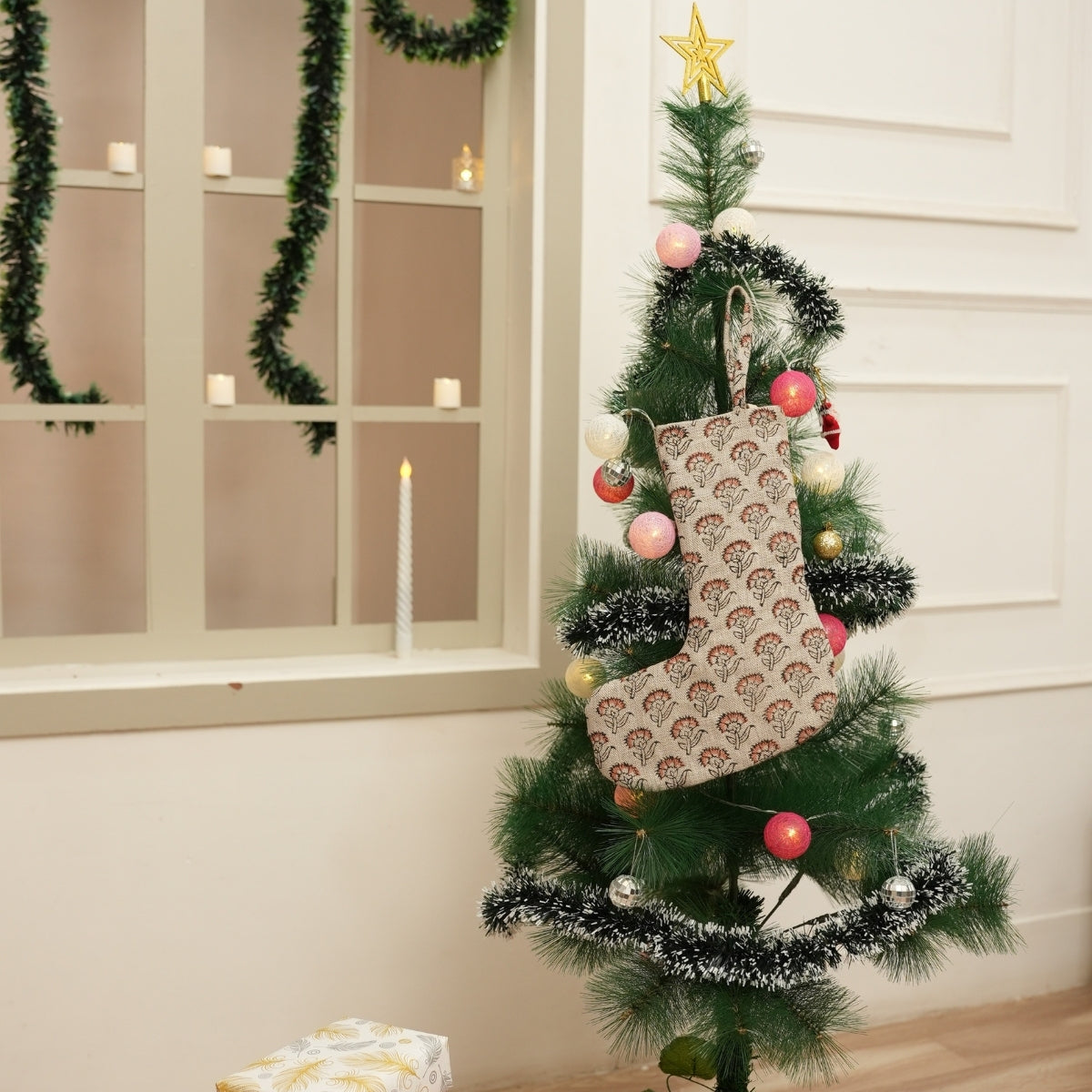 Handmade Juju Flower Black & Brown Thick Linen Block Printed Christmas Stockings with Pom Pom for Elegant Festive Decor