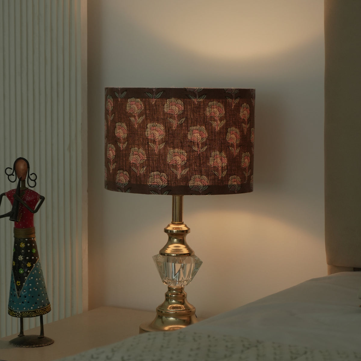 Brown Floral Wooden Block Print Linen Lampshade - Rohini