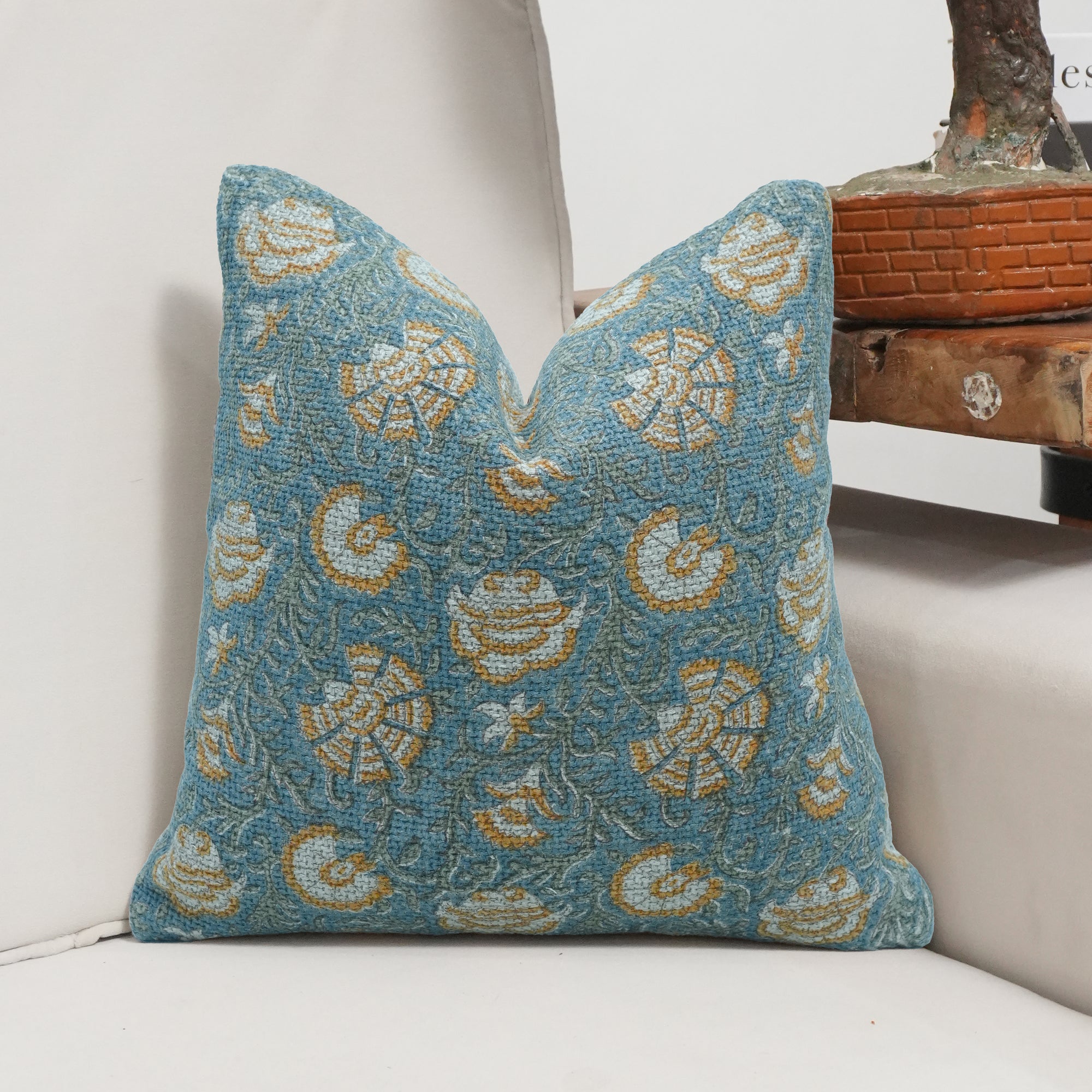 Vasundhra Hand Block Print Jute Linen Cushion Cover Blue Floral