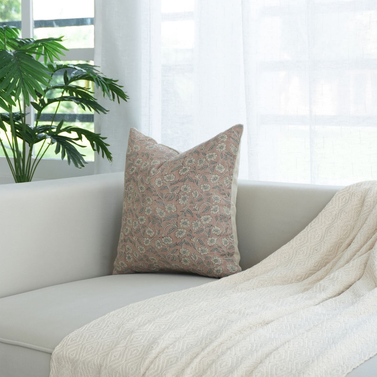 Haridwar Dusty Rose Block Print Thick Linen Cushion Cover