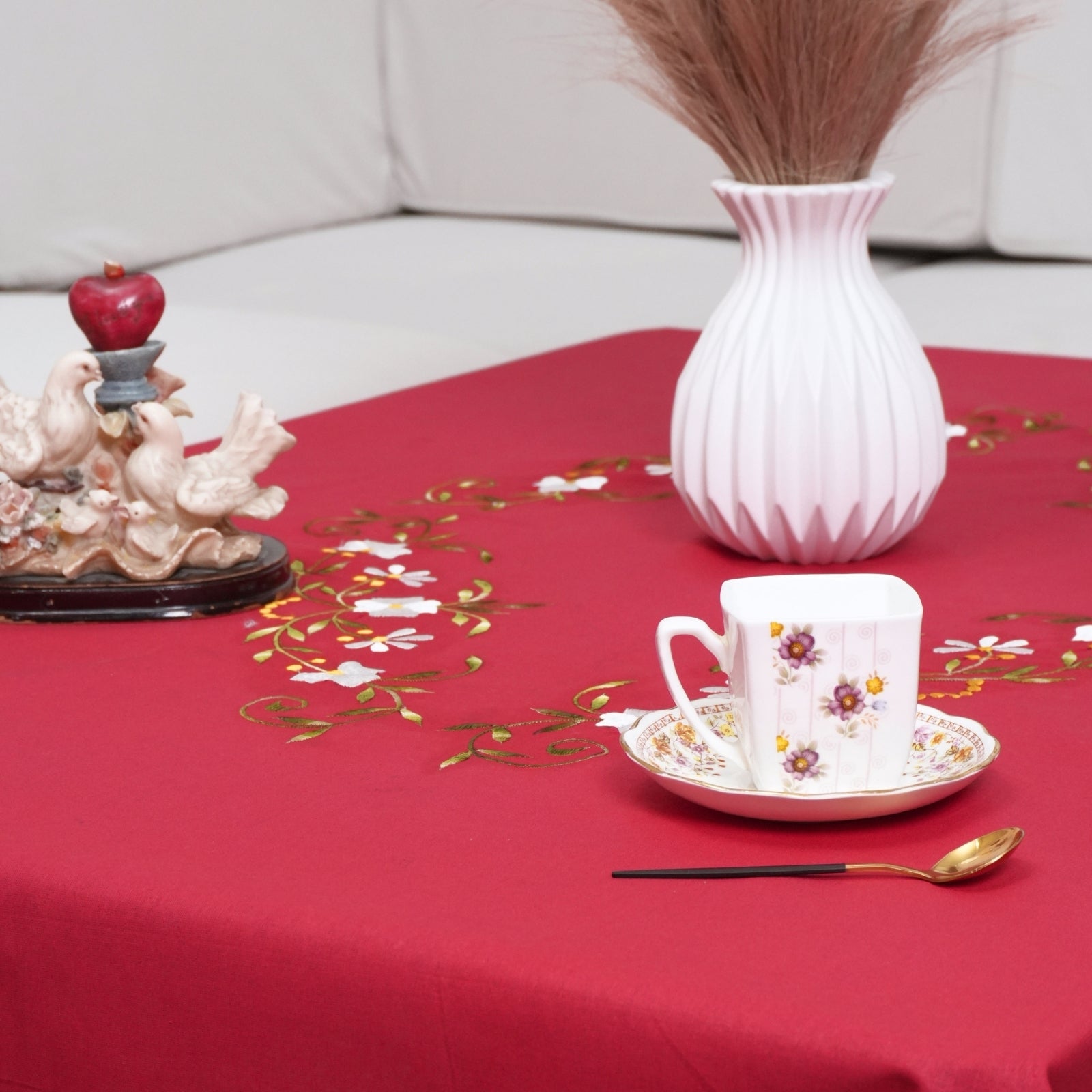 Red Green Floral Embroidered Cotton Table Cover | Dining Decor