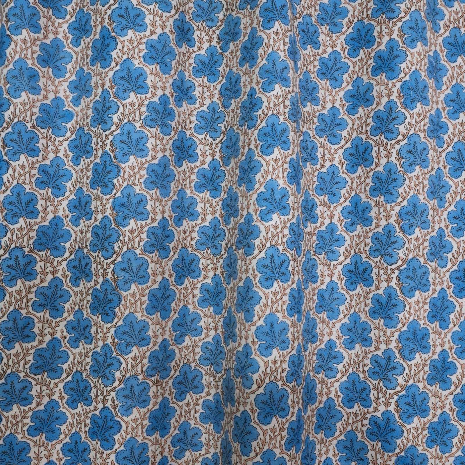 Cornflower Blue Leaf Vine Hand Block Print Linen Tab Top Drapes - Pushpsamhita