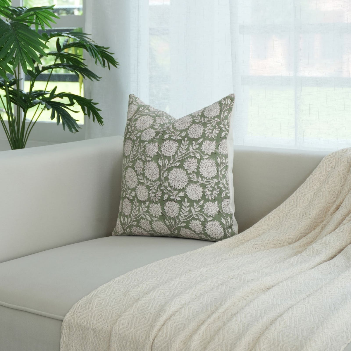 Indian Sage Floral Thick Cotton White Cushion Cover - Rajat